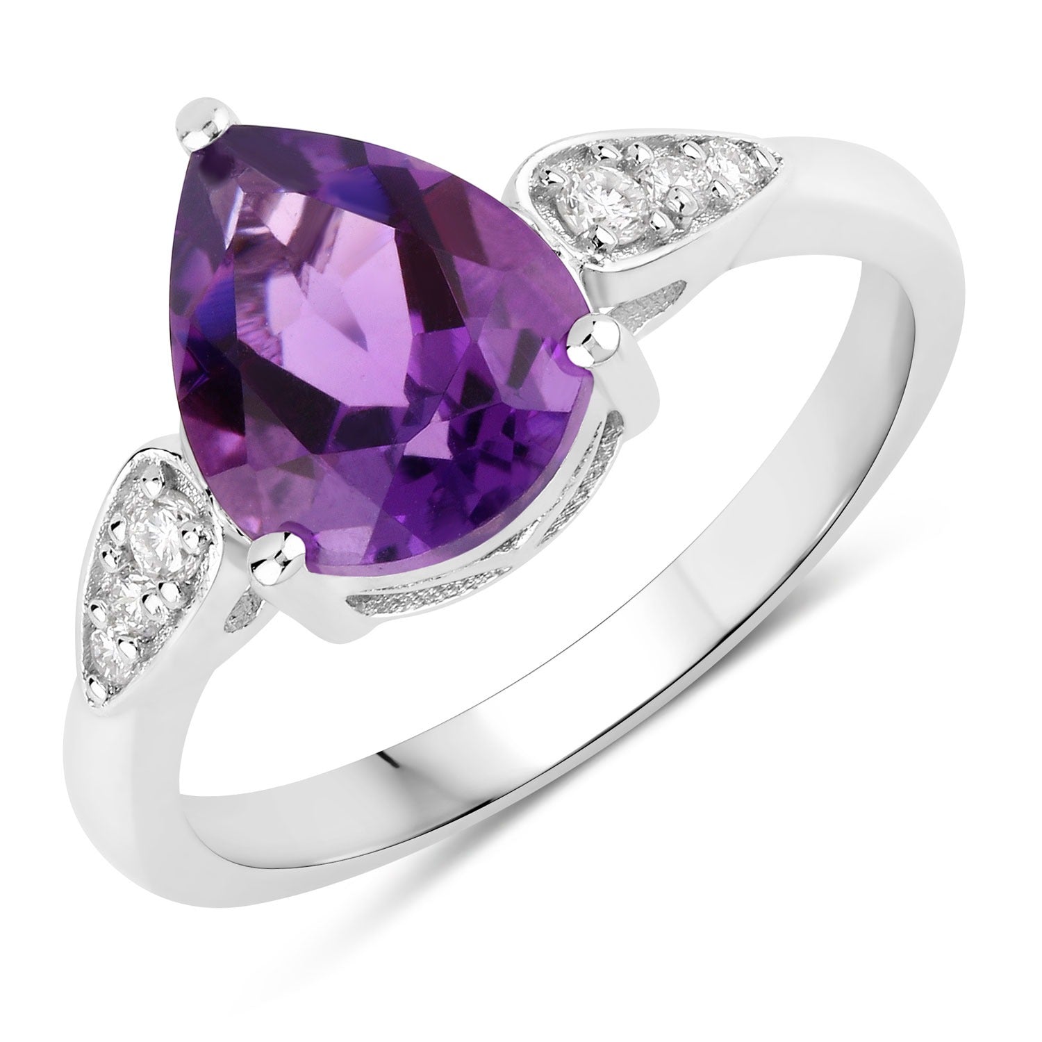 2.21 Ct Genuine Purple Amethyst Pear Shaped and Lab Diamond Silver Ring