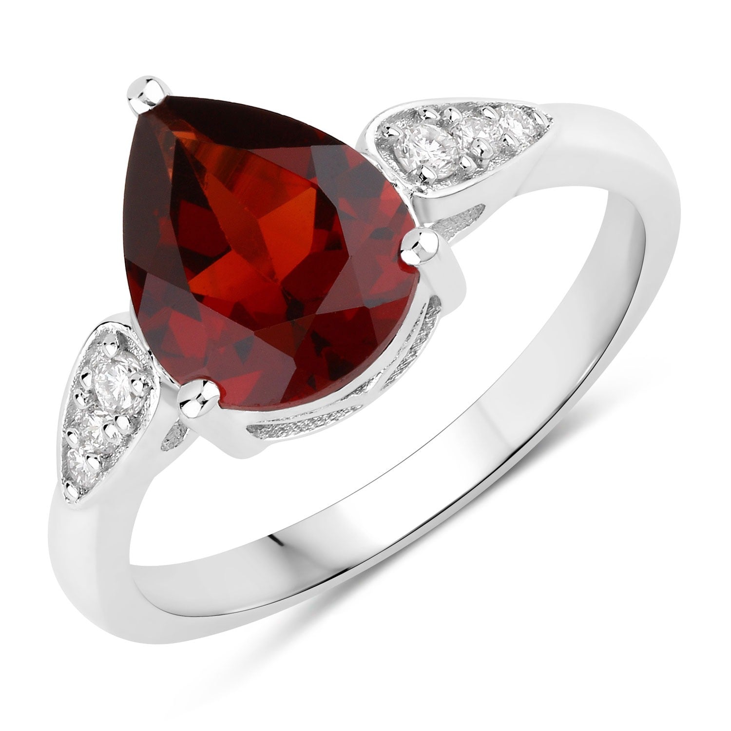 2.56 Ct Genuine Red Pear-shaped Garnet and Lab Diamond Silver Ring