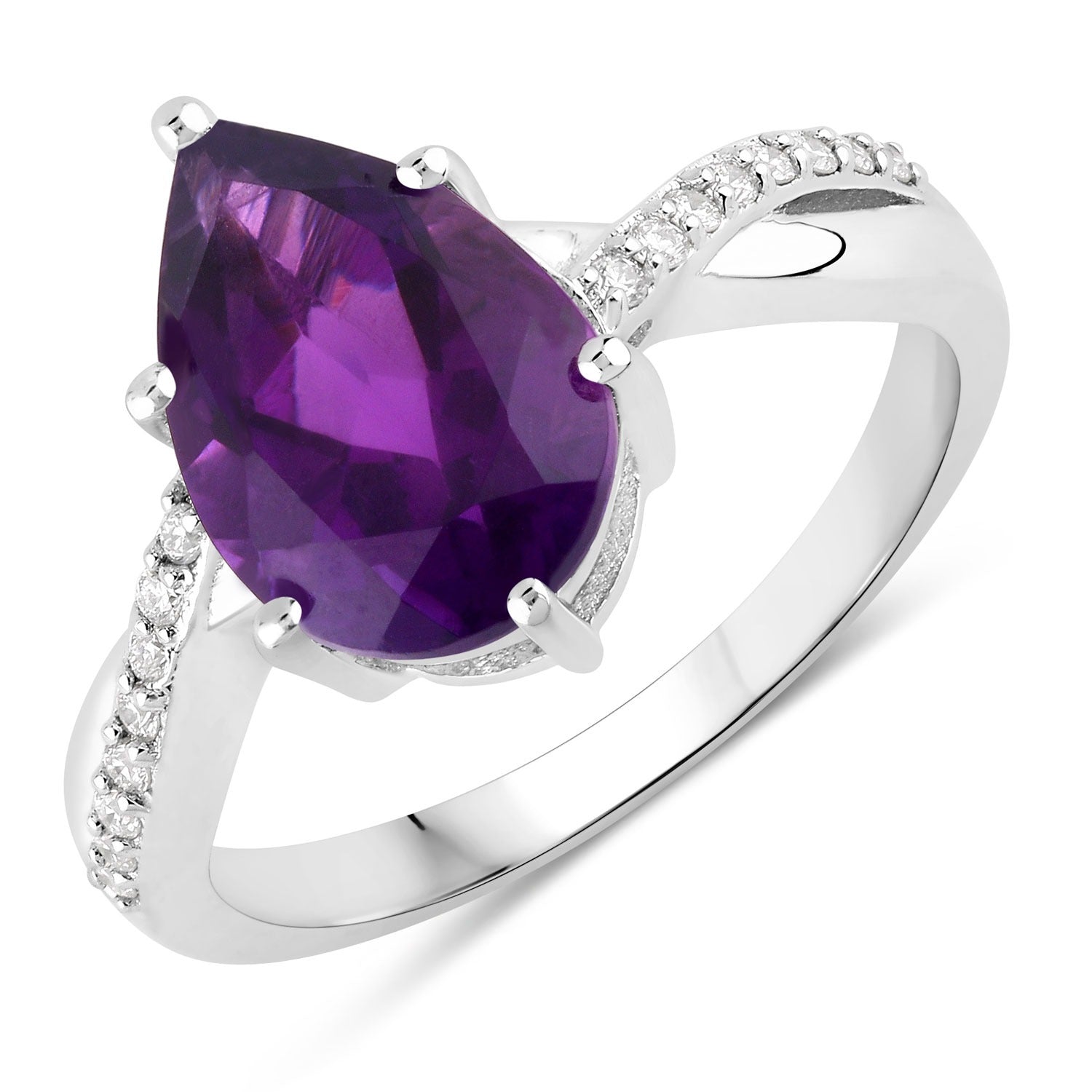 2.62 Ct Genuine Pear Shaped Amethyst Lab Diamond Silver Bypass Ring