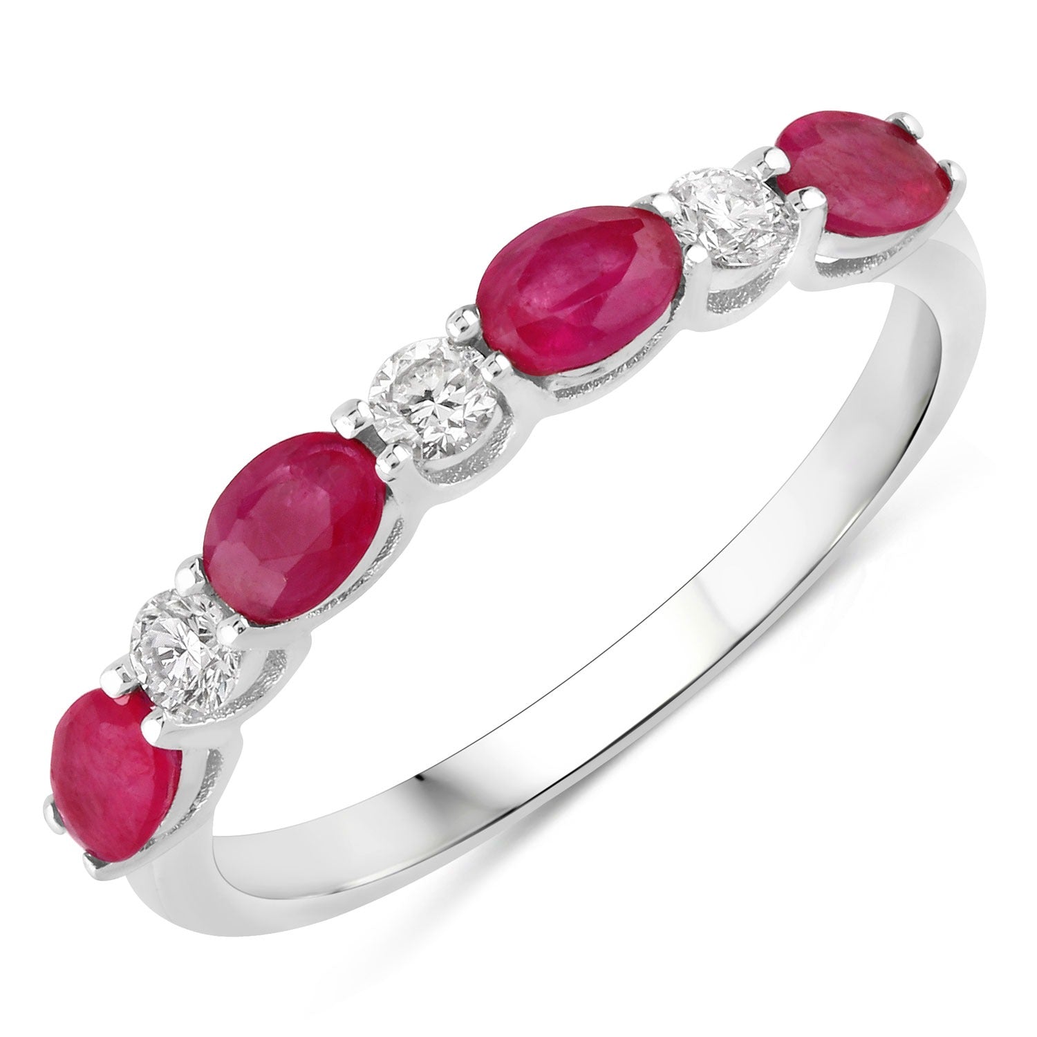 0.98 Ct Genuine Pink Oval Ruby and Lab Grown Diamond Eternity Silver Ring