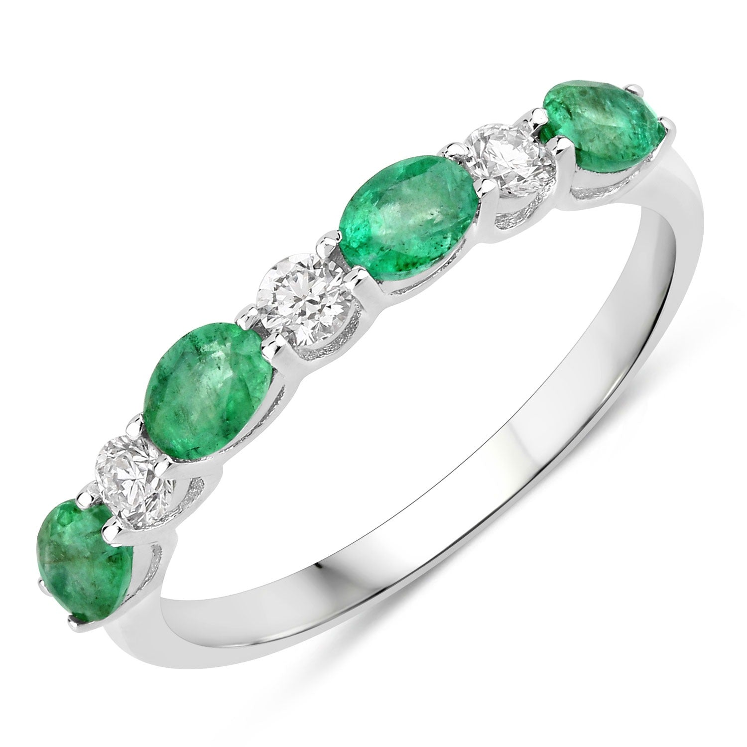 0.78 Ct Genuine Green Emerald and Lab Diamond Eternity Silver Ring