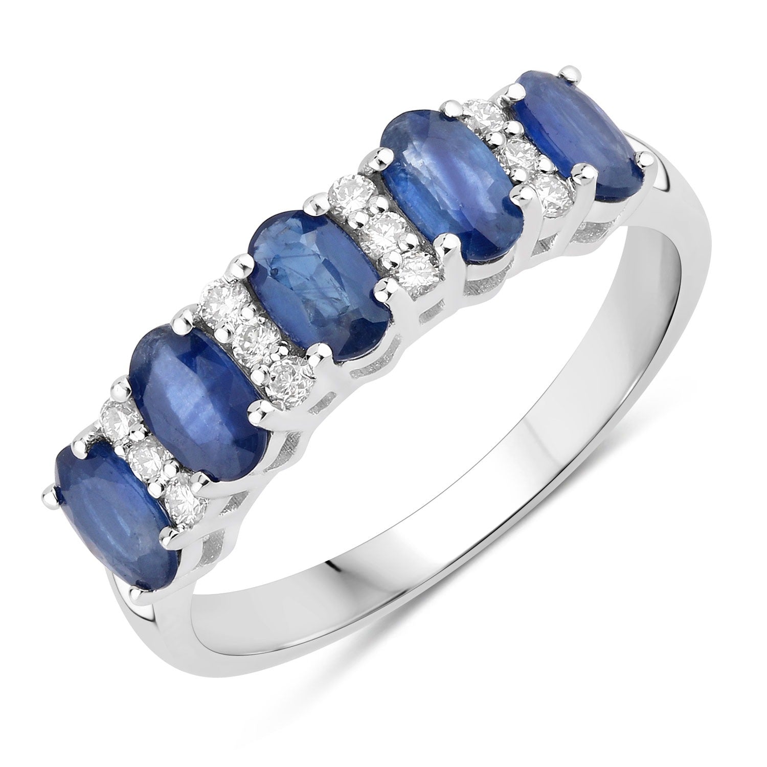 1.42 Ct Genuine Blue Sapphire and Lab Grown Diamond Silver Eternity Ring