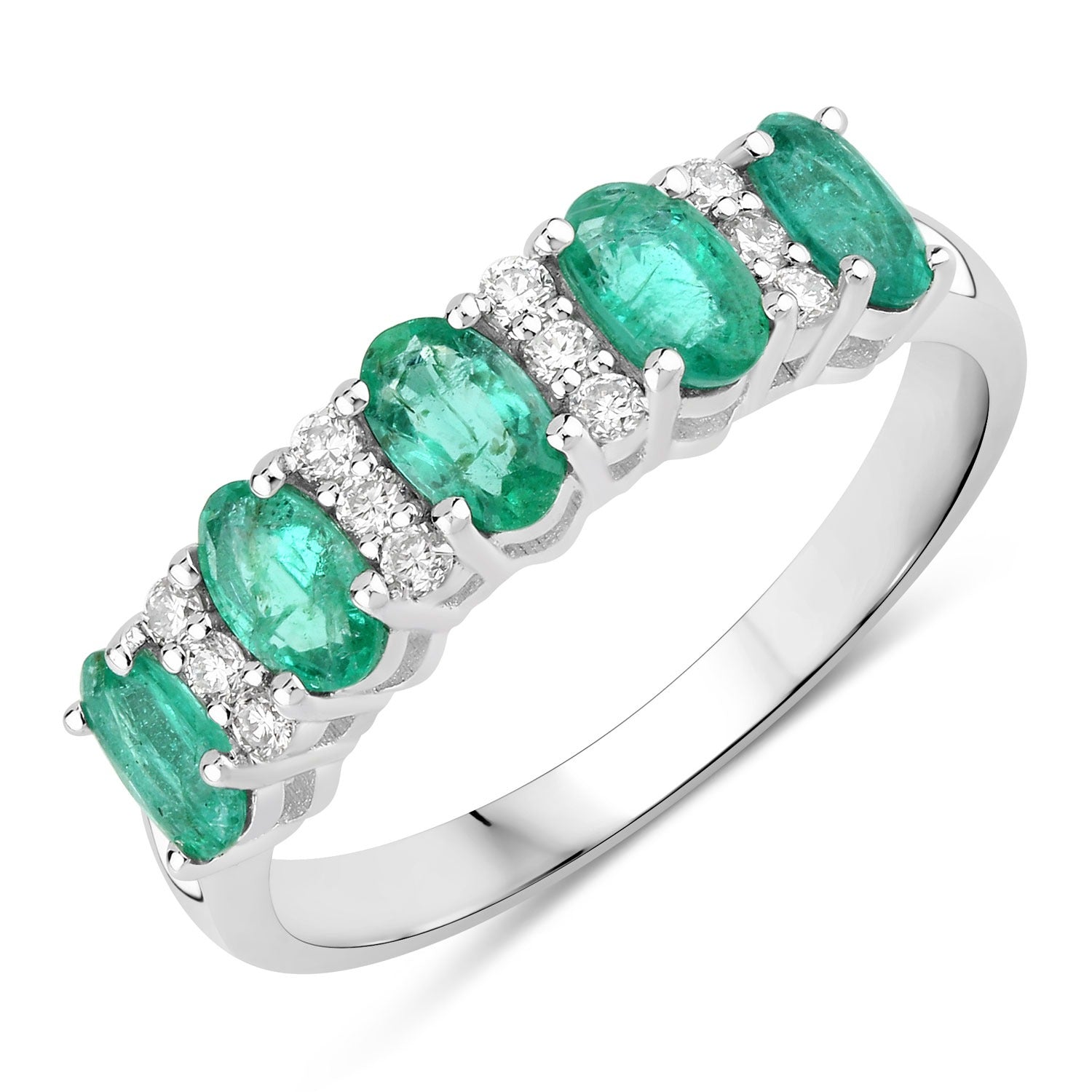 1.12 Ct Genuine Oval Emerald and Lab Diamond Silver Eternity Ring