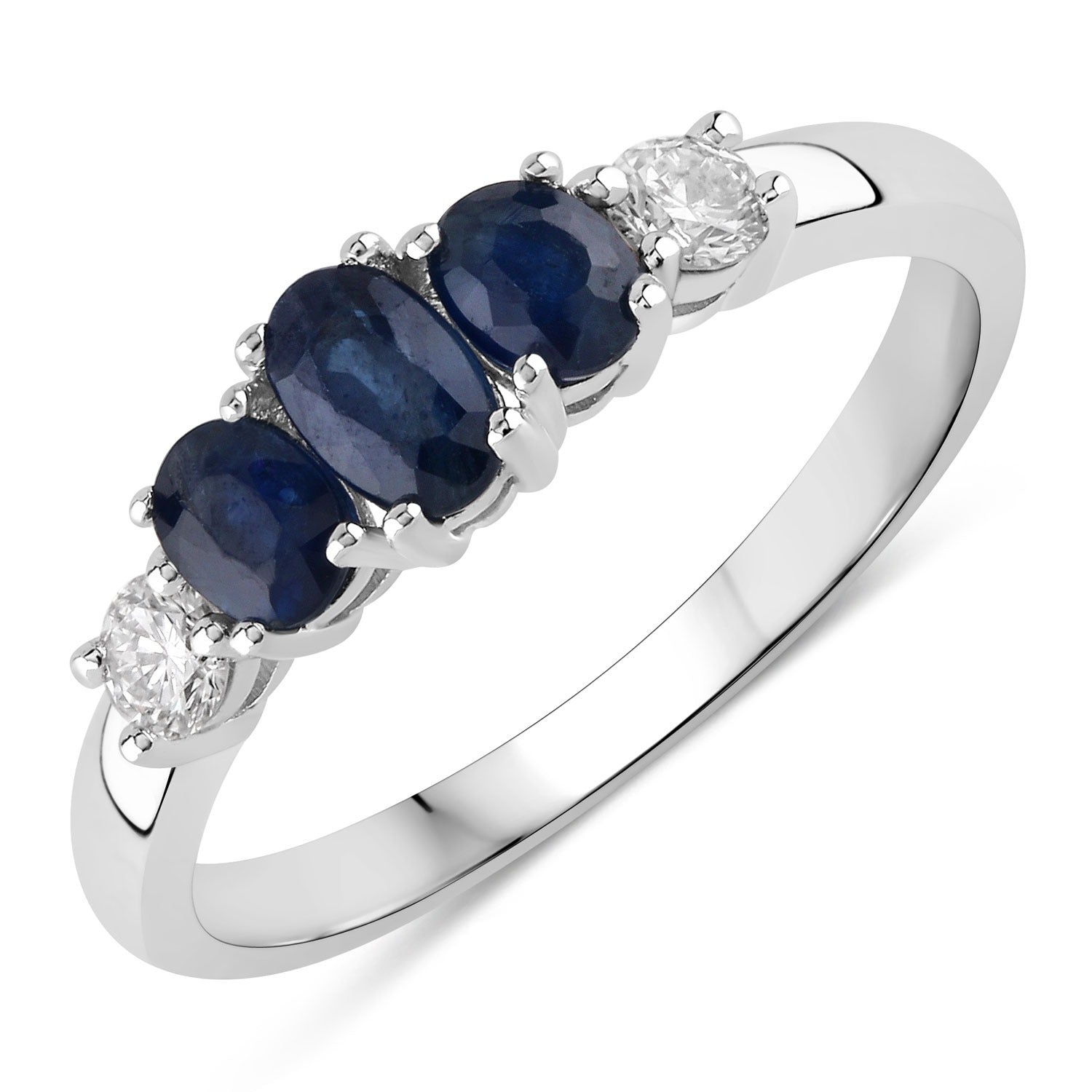 0.91 Ct Genuine Blue Sapphire and Lab Diamond 5 Stone Silver Ring