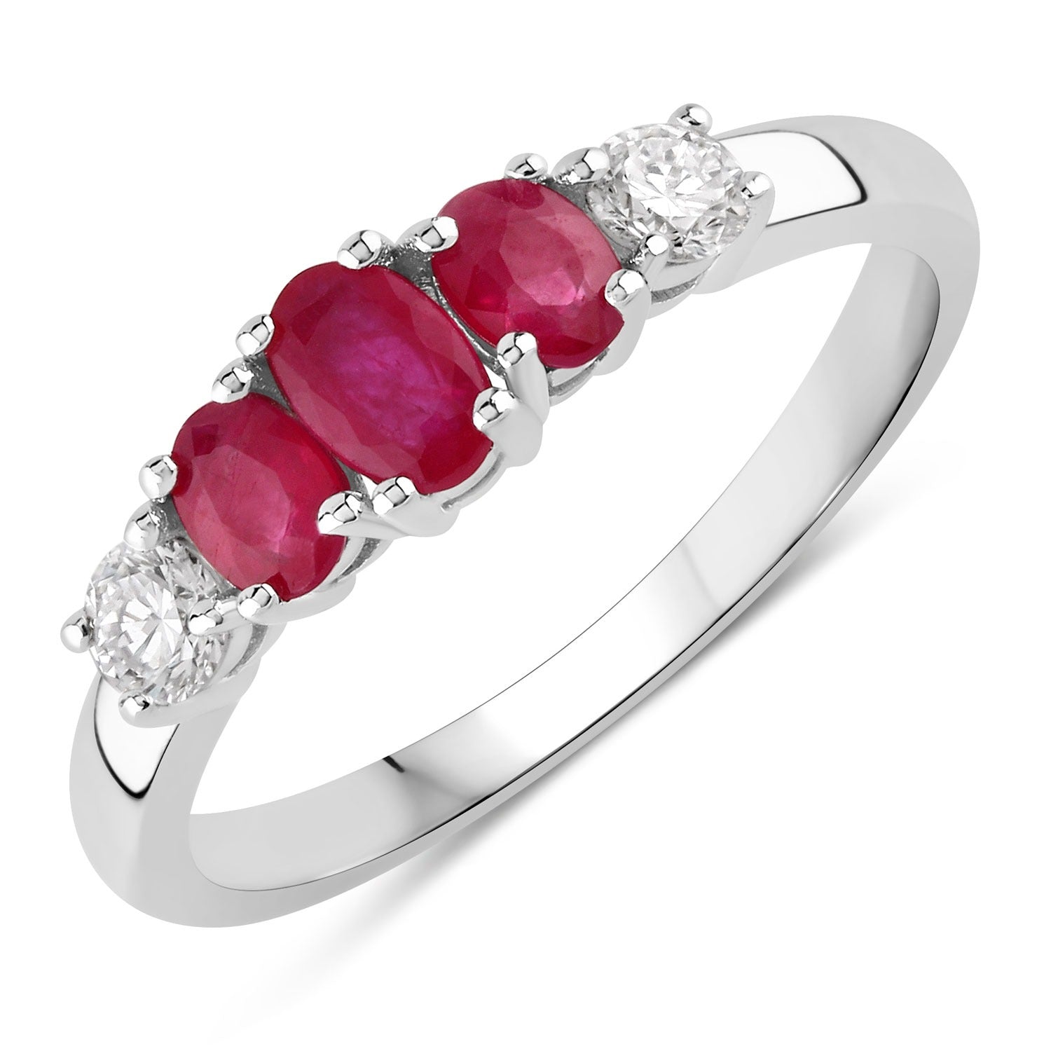 0.84 Ct Genuine Pink Ruby and Lab Diamond 5 Stone Silver Ring