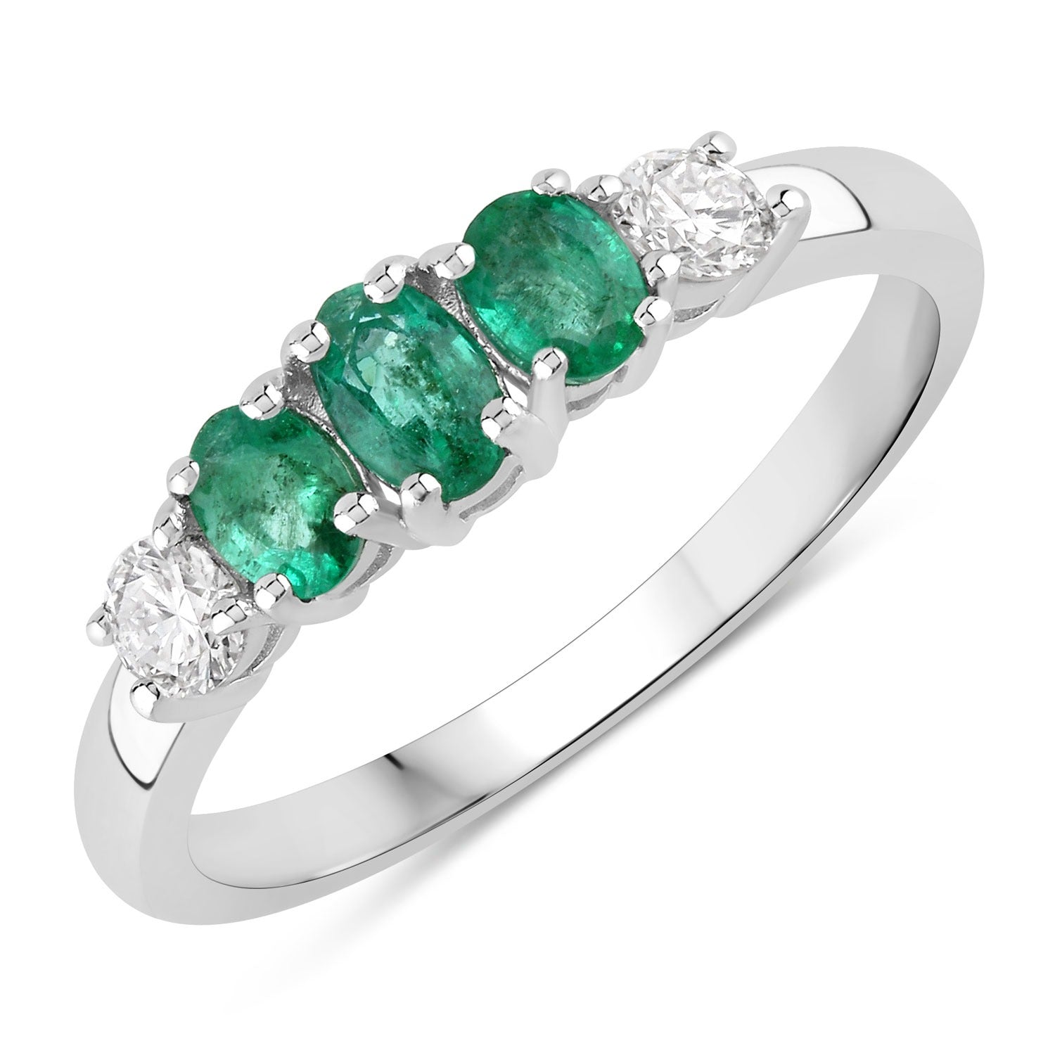 0.71 Ct Genuine Zambian Emerald and Lab Diamond 5 Stone Silver Ring