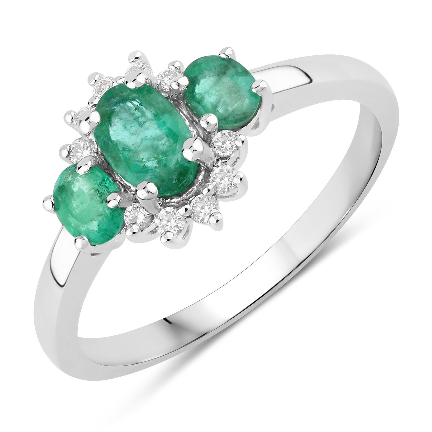 0.84 Ct Genuine Oval Zambian Green Emerald and Lab Diamond Silver Ring