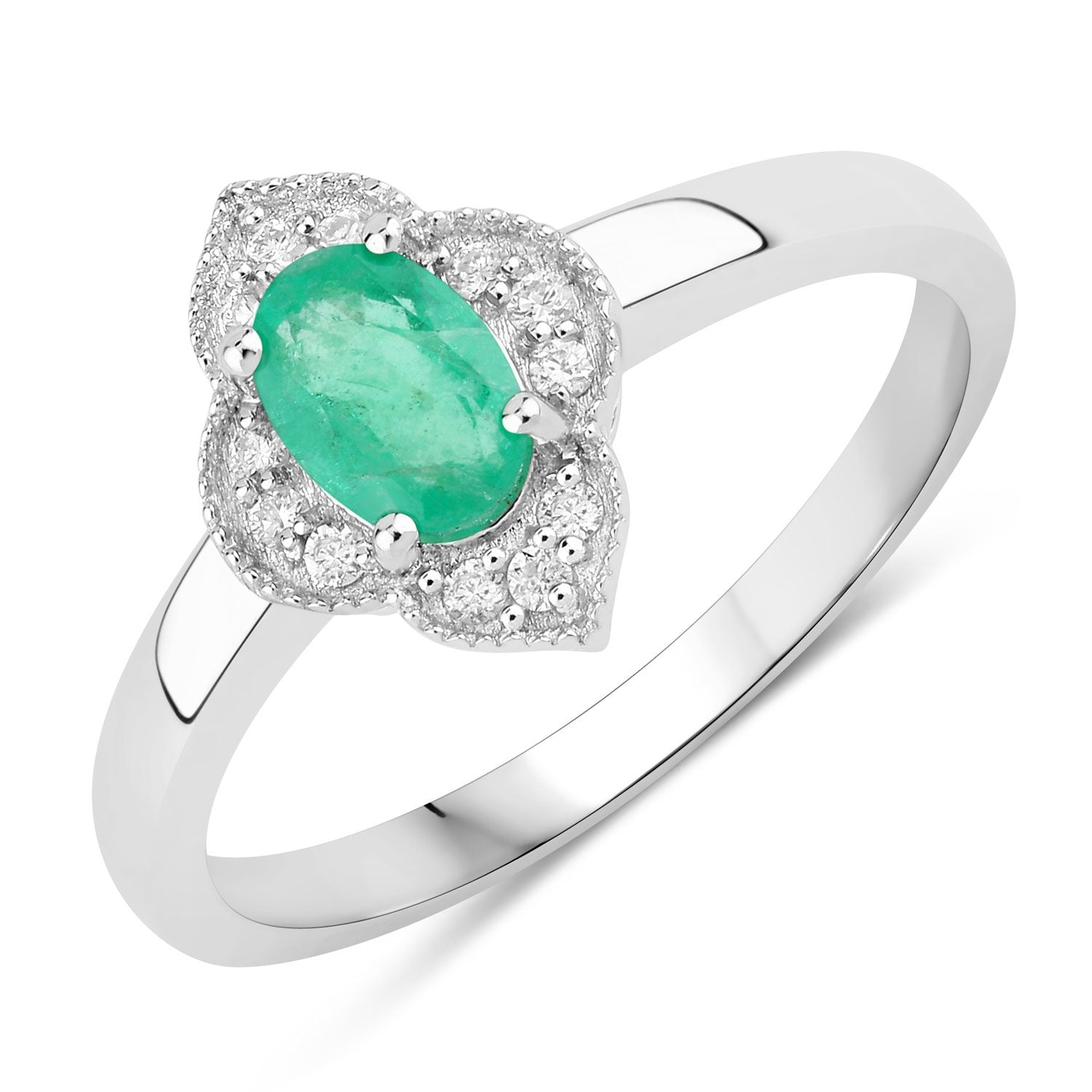 0.53 Ct Genuine Zambian Emerald and Lab Diamond Silver Halo Floral Ring