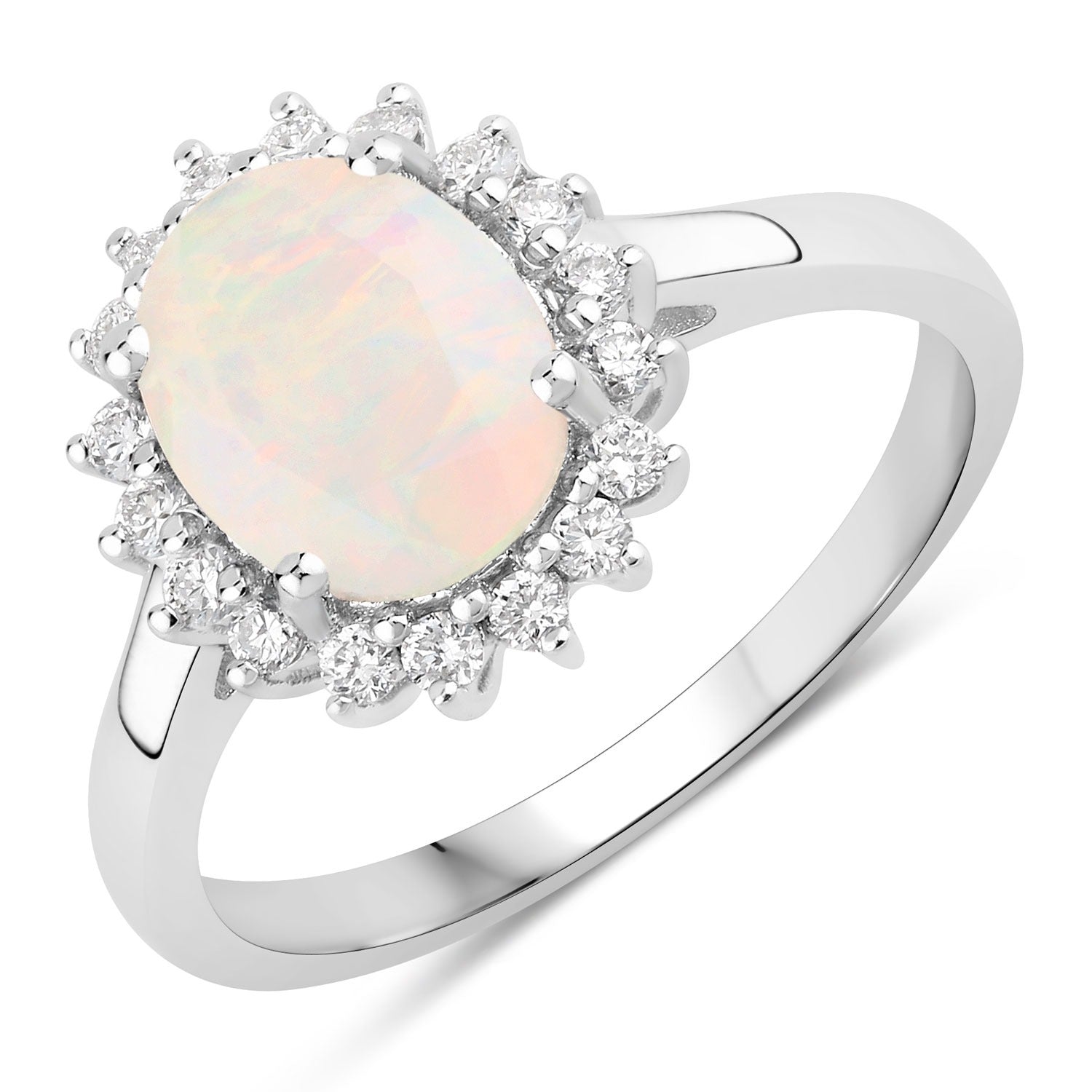 1.17 Ct Genuine Ethiopian Opal and Lab Grown Diamond Silver Halo Ring