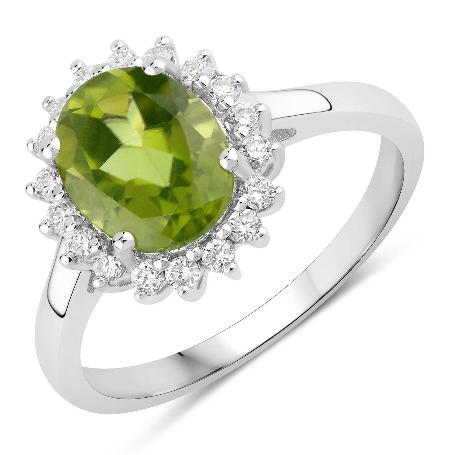 1.97 Ct Green Genuine Peridot and Lab Grown Diamond Silver Halo Ring