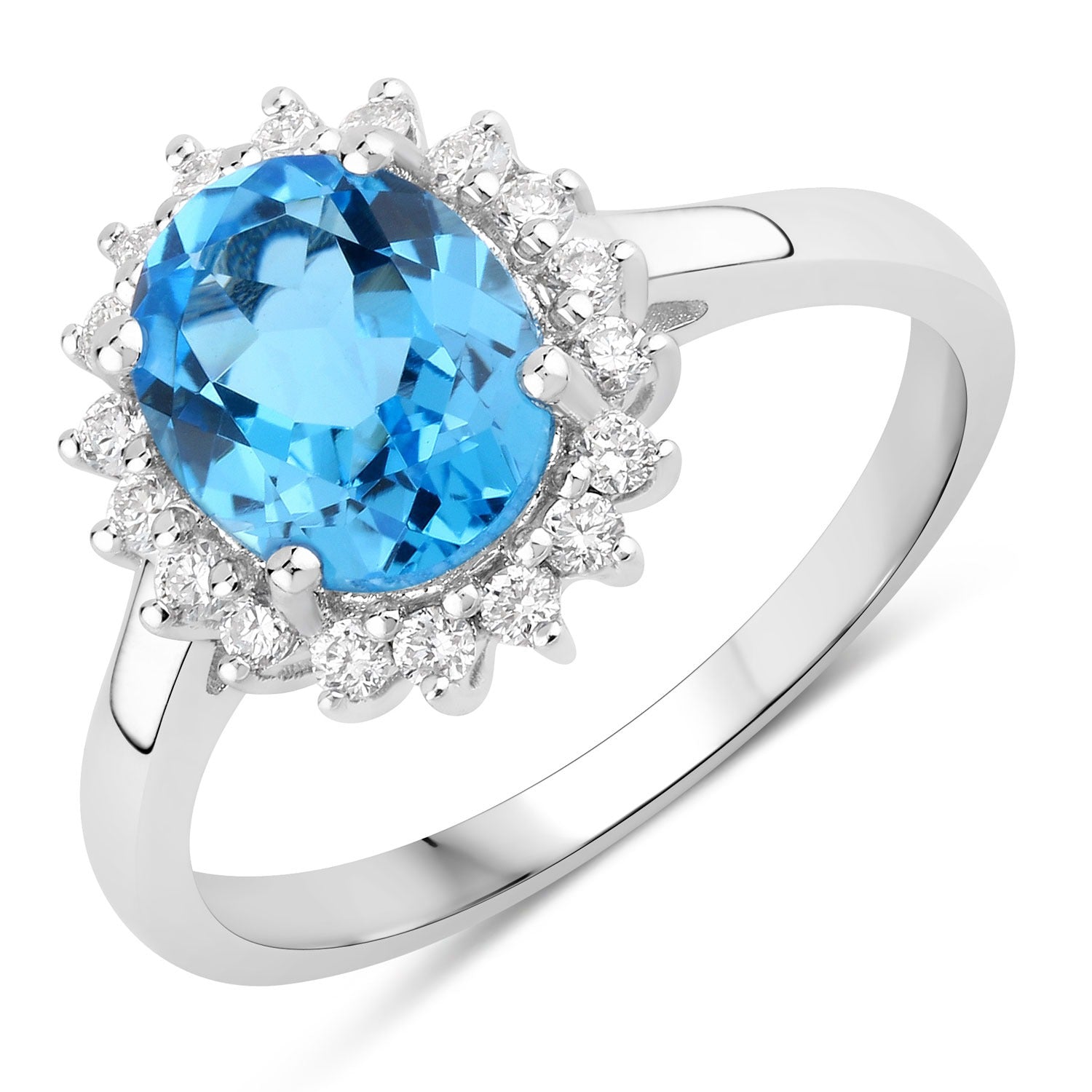 2.27 Ct Genuine Swiss Blue Topaz and Lab Diamond Silver Halo Ring