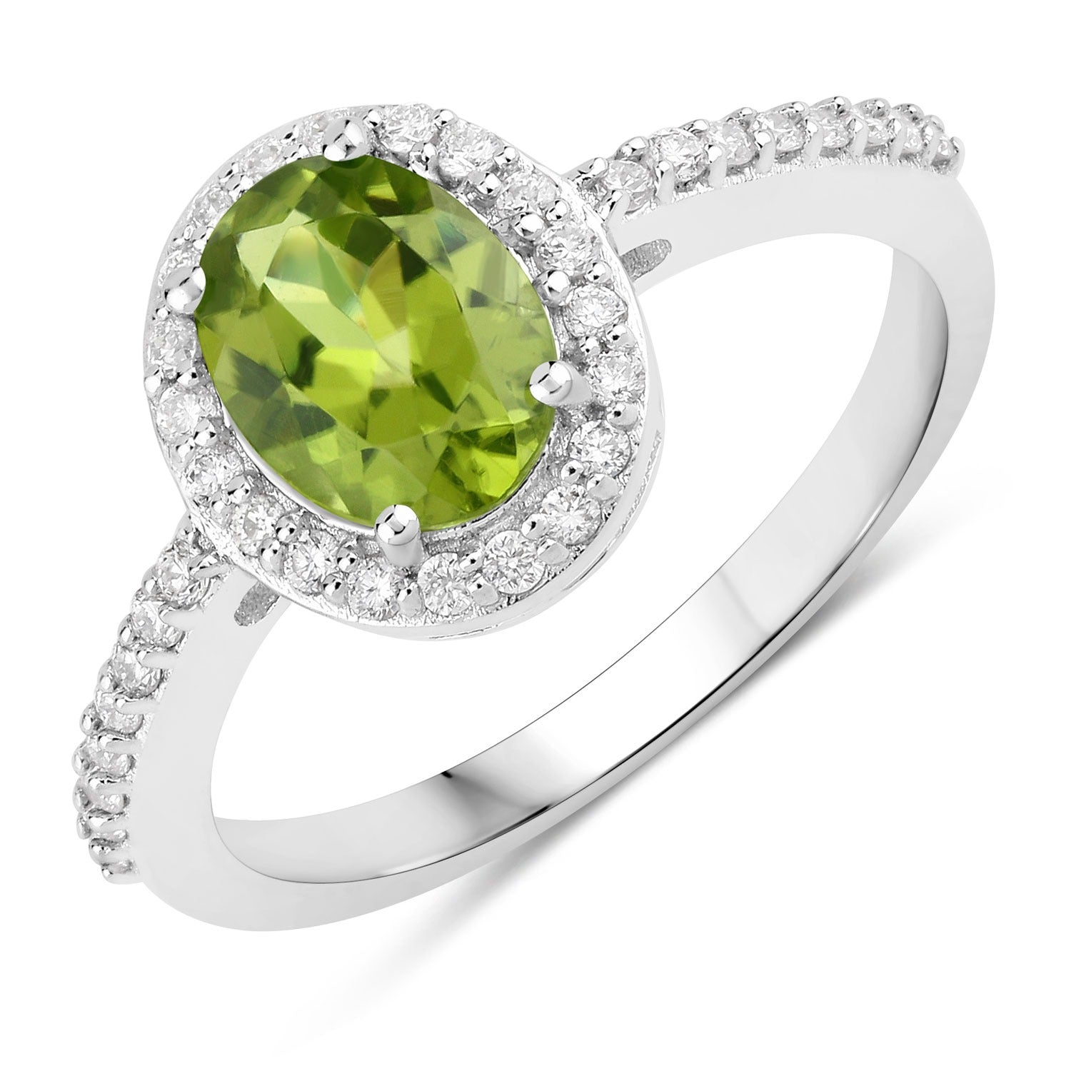 1.37 Ct Genuine Peridot and Lab Diamond Pave Silver Halo Ring