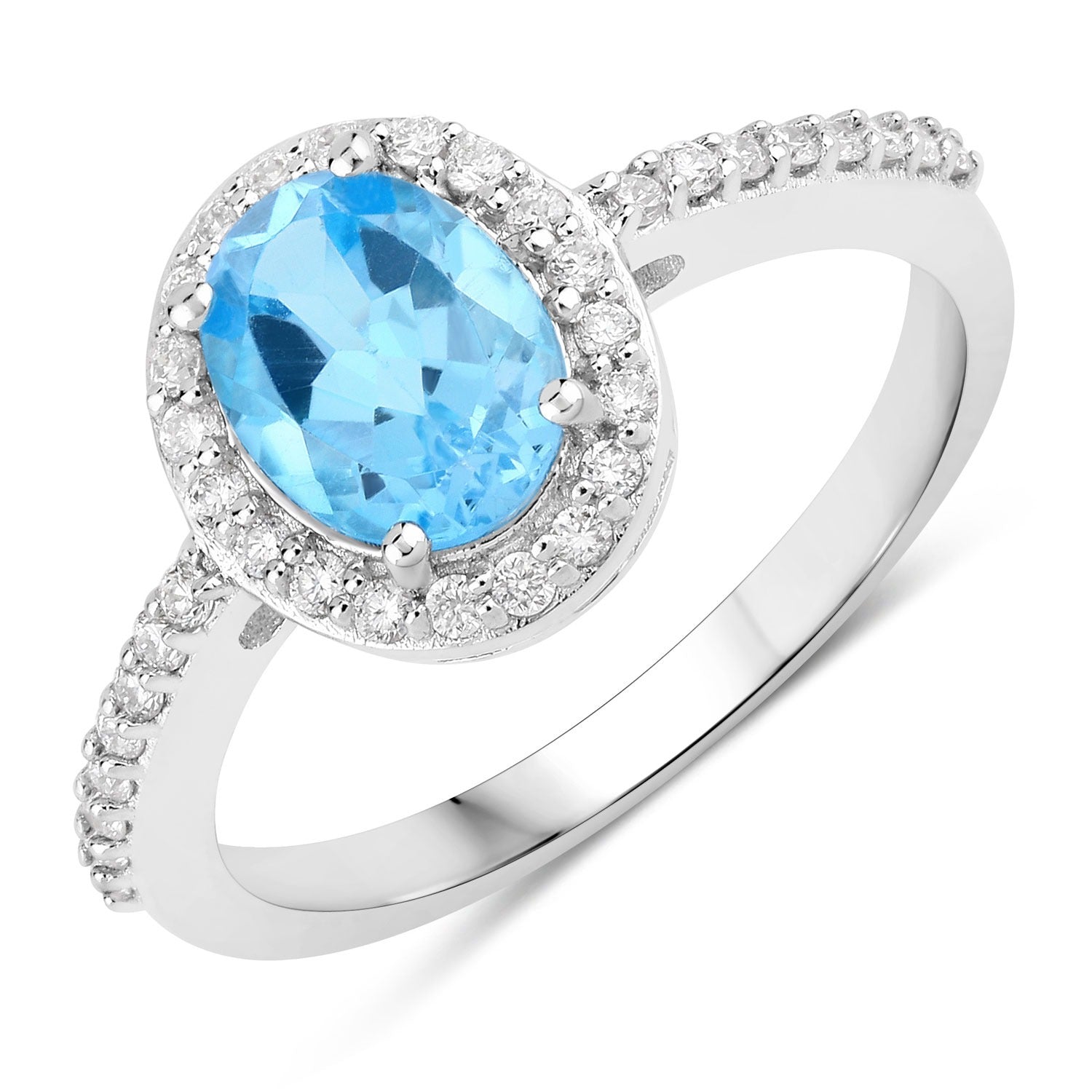 1.87 Ct Genuine Swiss Blue Topaz and Lab Diamond Silver Halo Ring