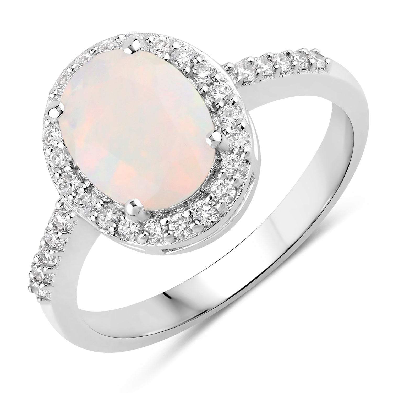 1.22 Ct Genuine Ethiopian Opal and Lab Diamond Silver Halo Ring