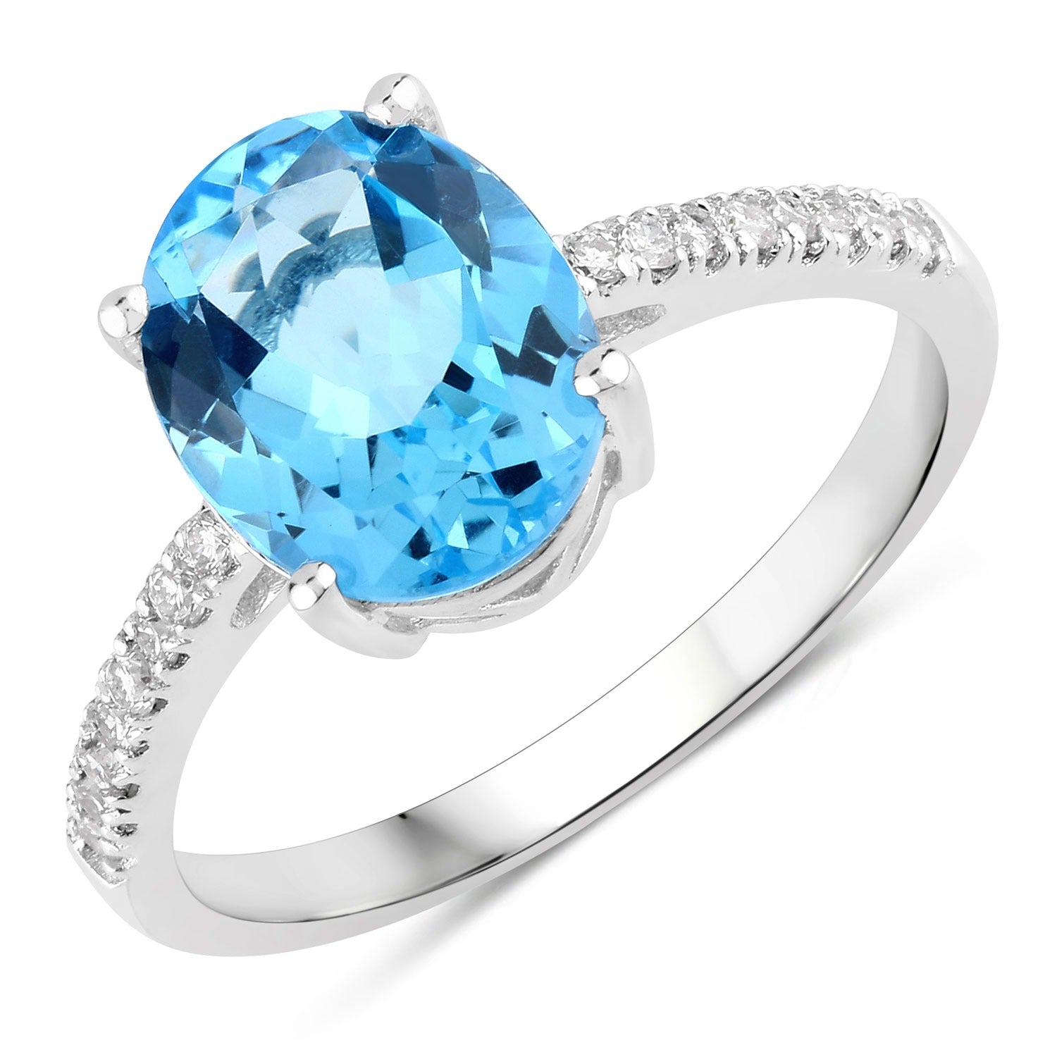 2.71 Ct Genuine Oval Swiss Blue Topaz and Lab Diamond Pave Silver Ring