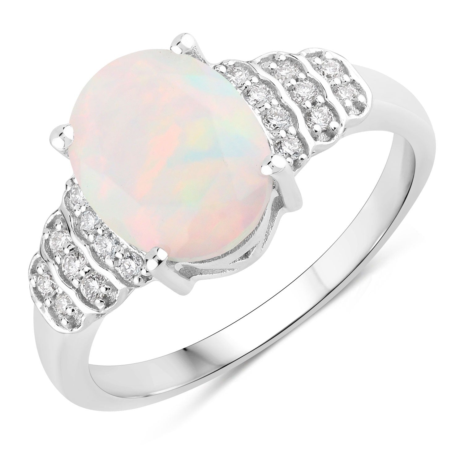 1.70 Ct Genuine Oval Ethiopian Opal and Lab Diamond Silver Ring