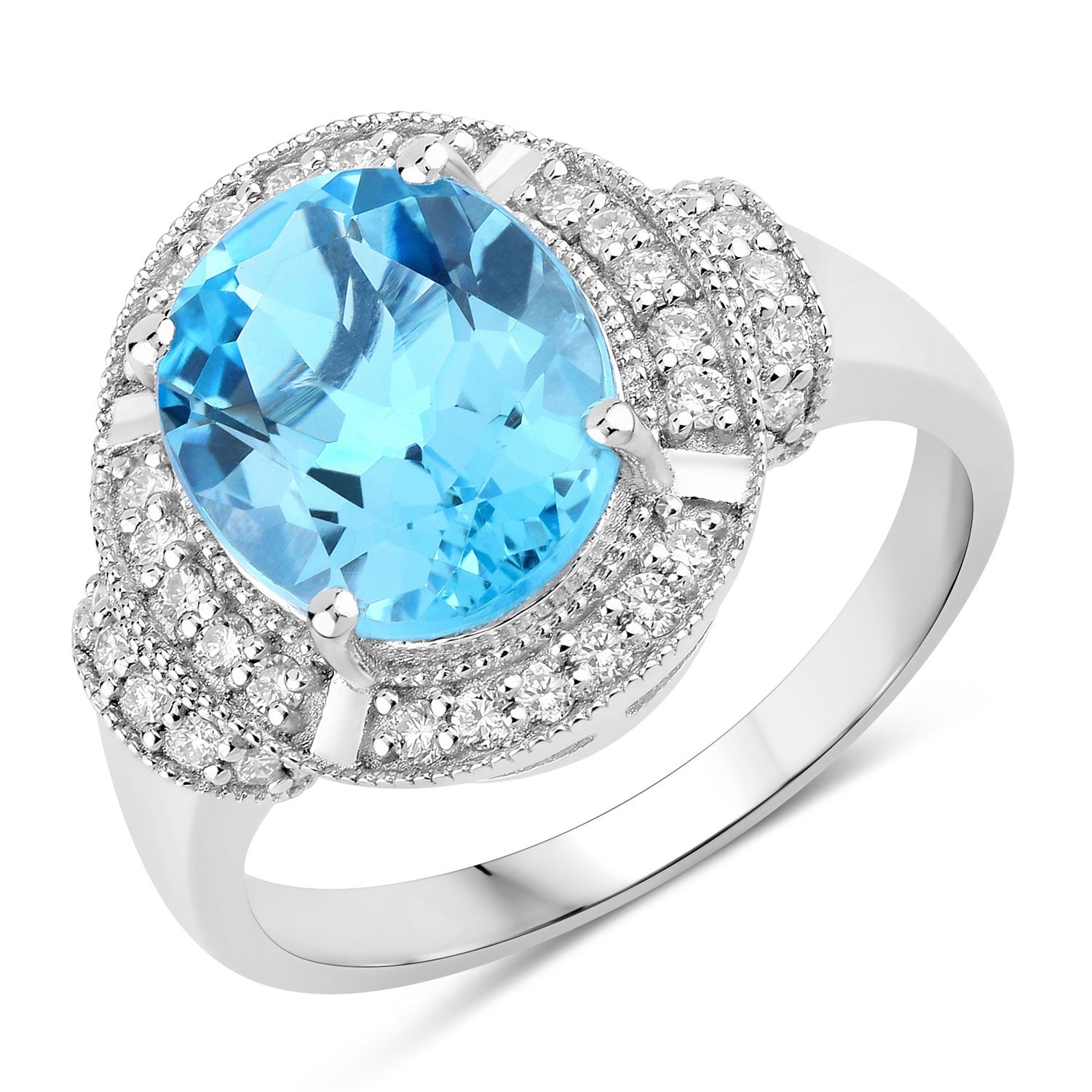 4.34 Ct Genuine Swiss Blue Topaz and Lab Diamond Silver Statement Ring Fine Color Jewels