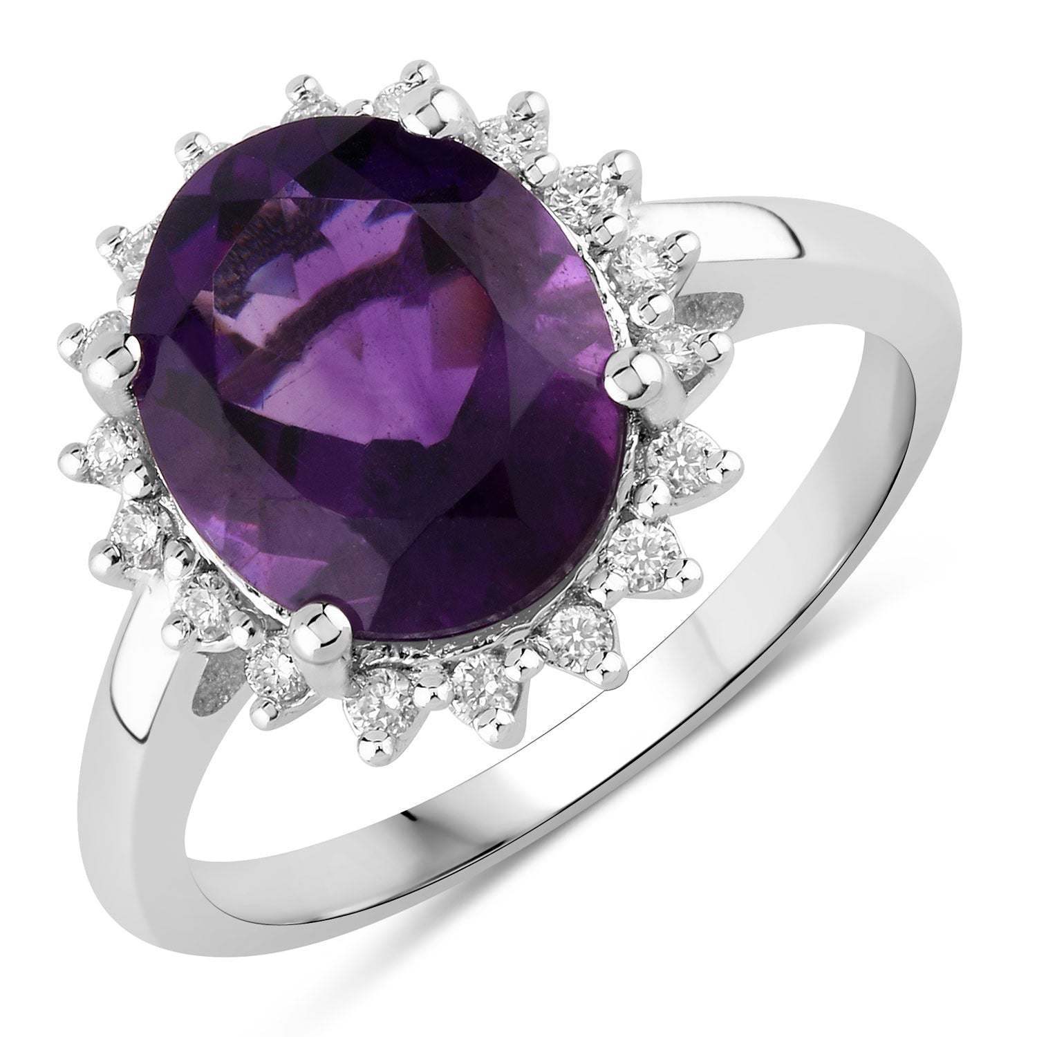 3.47 Ct Genuine Amethyst and Lab Grown Diamond Silver Halo Ring Fine Color Jewels