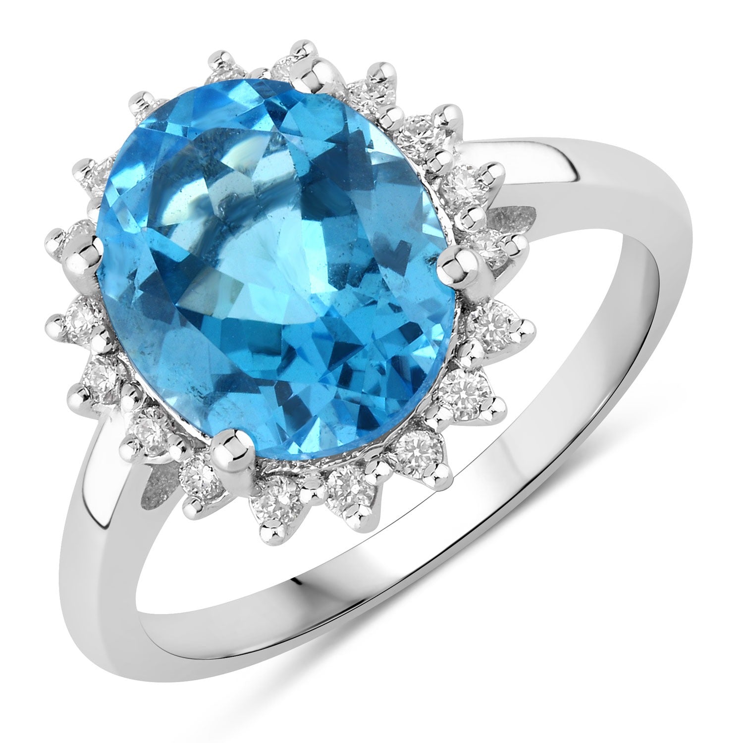 4.27 Ct Genuine Swiss Blue Topaz and Lab Diamond Silver Halo Ring Fine Color Jewels
