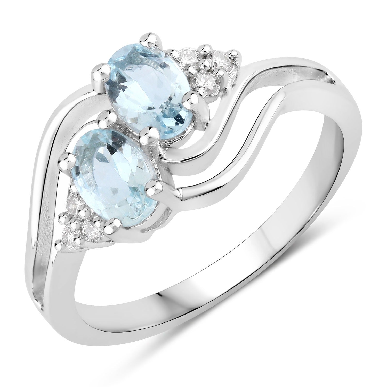 0.89 Ct Genuine Aquamarine and Lab Diamond Silver Bypass Promise Ring Fine Color Jewels