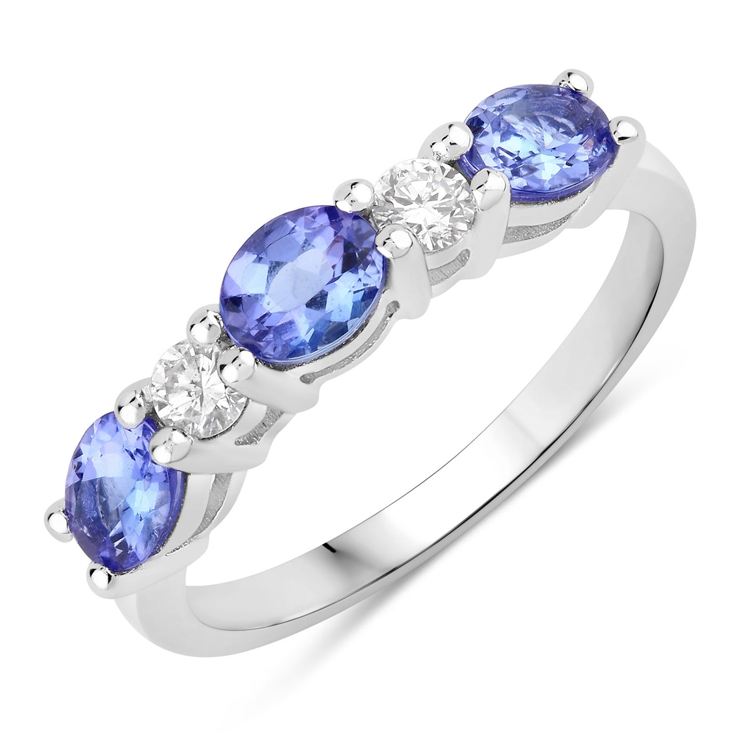 1.19 Ct Genuine Tanzanite and Lab Diamond Silver 5 Stone Ring Fine Color Jewels
