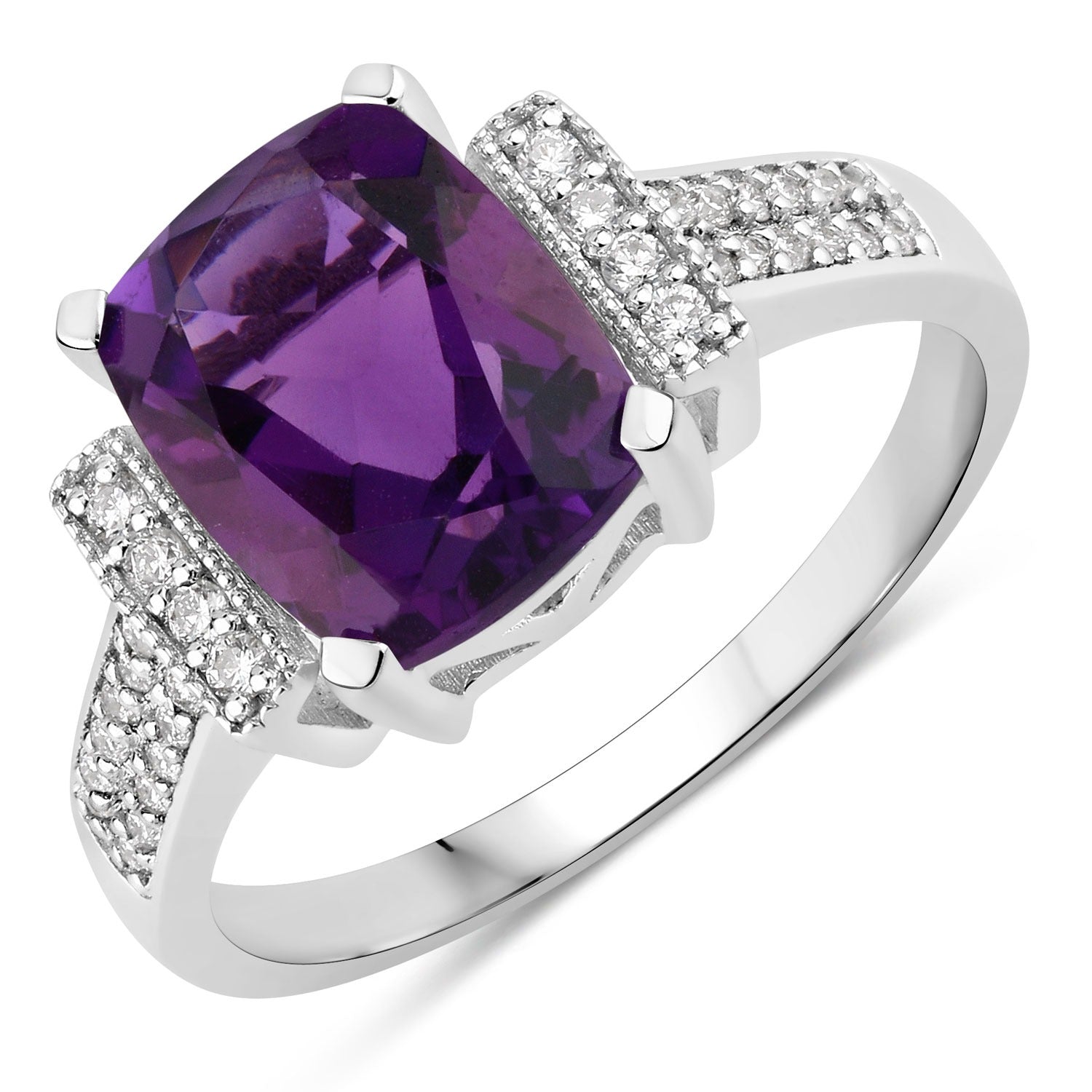 2.78 Ct Genuine Amethyst and Lab Diamond Silver Cushion Cut Statement Ring Fine Color Jewels