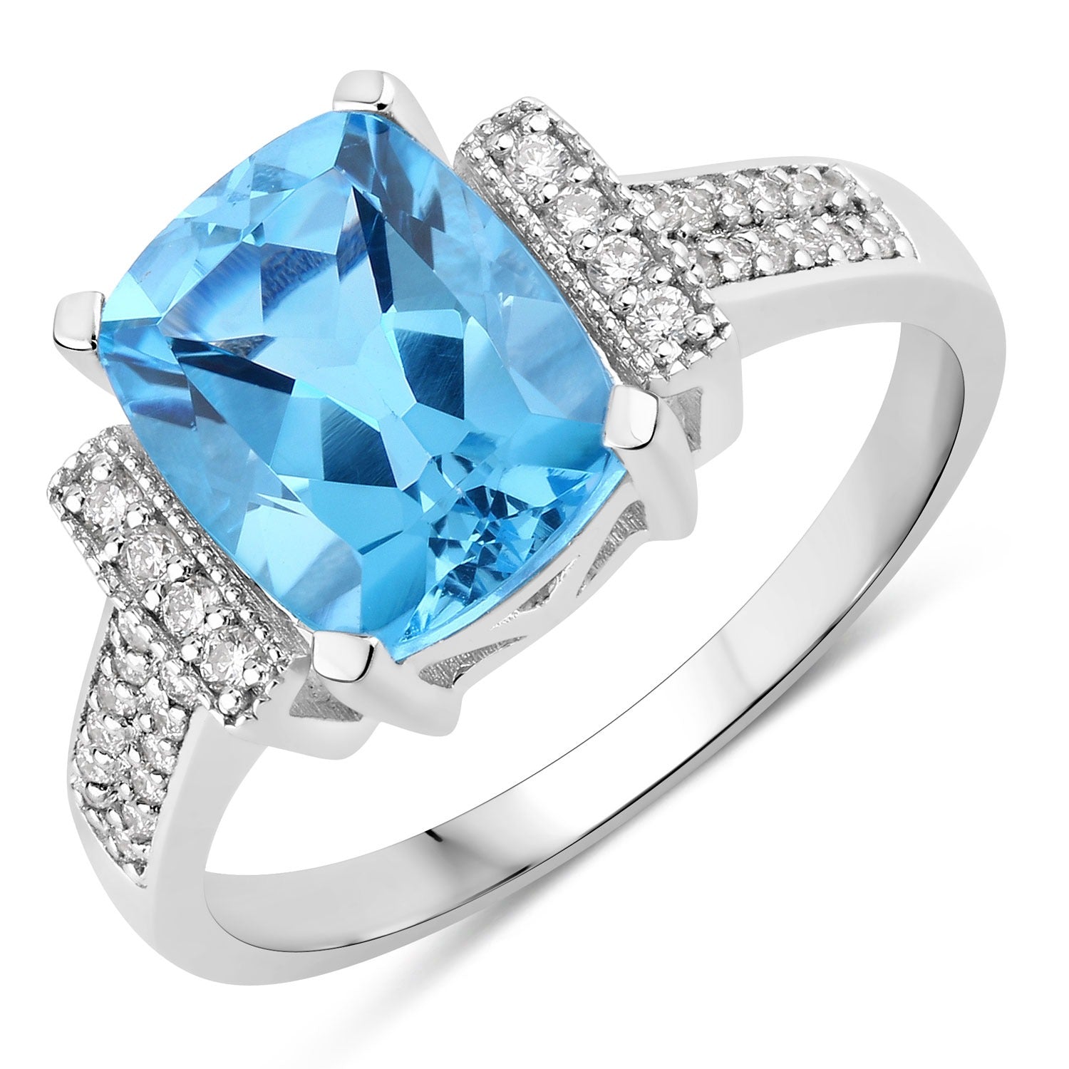 3.68 Ct Genuine Swiss Blue Topaz and Lab Diamond Silver Cushion Cut Statement Ring Fine Color Jewels