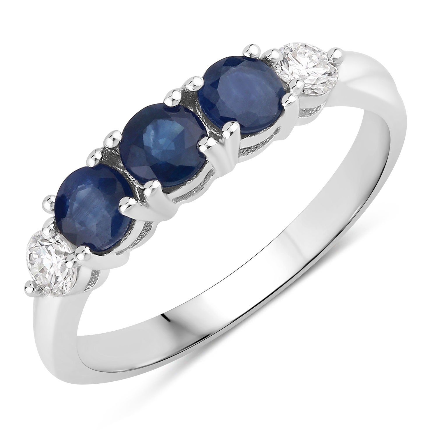 1.12 Ct Genuine Blue Sapphire and Lab Diamond Silver 5 Stone Ring Fine Color Jewels
