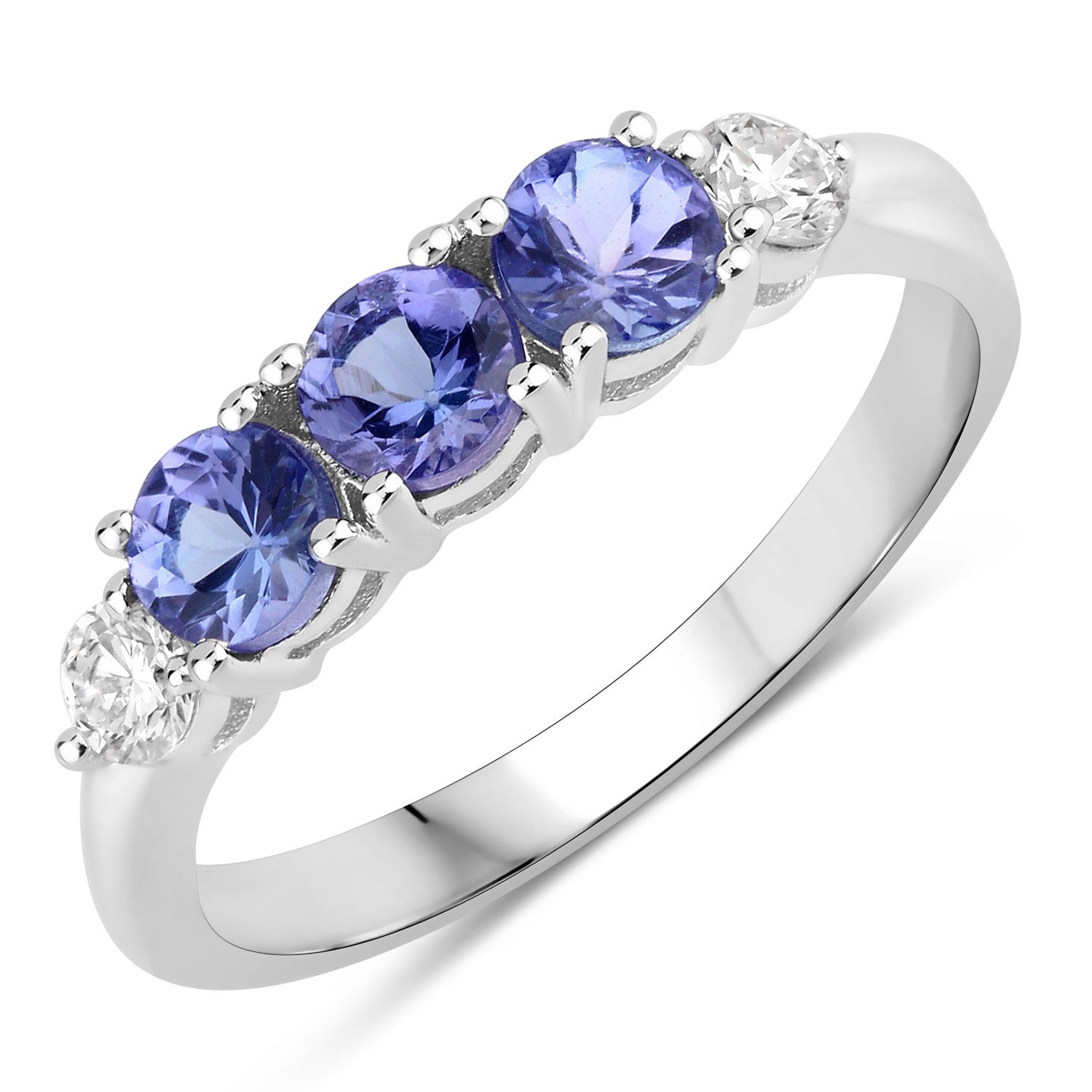 0.91 Ct Genuine Tanzanite and Lab Diamond Silver 5 Stone Ring Fine Color Jewels