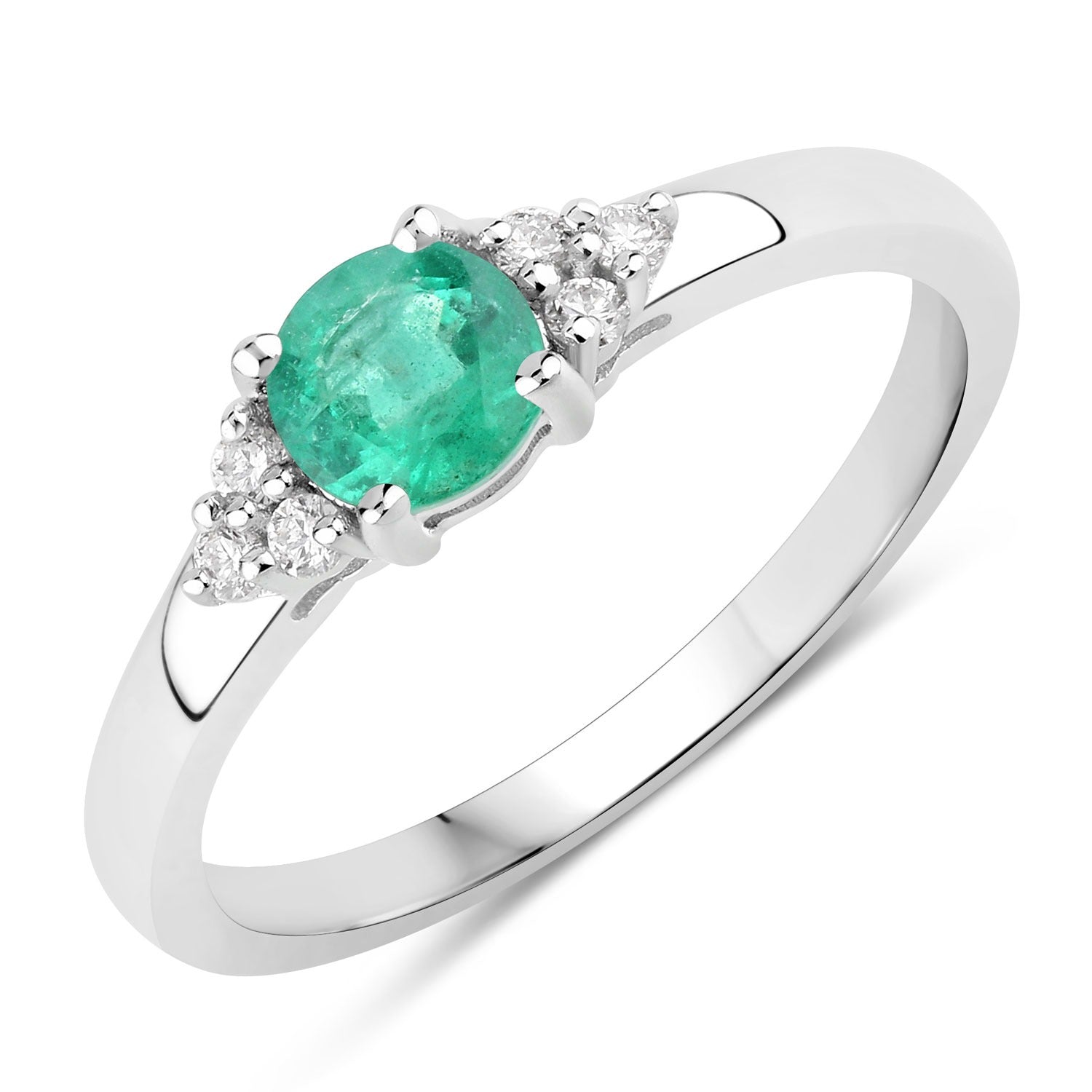 0.51 Ct Genuine Zambian Emerald and Lab Diamond Silver Round Ring