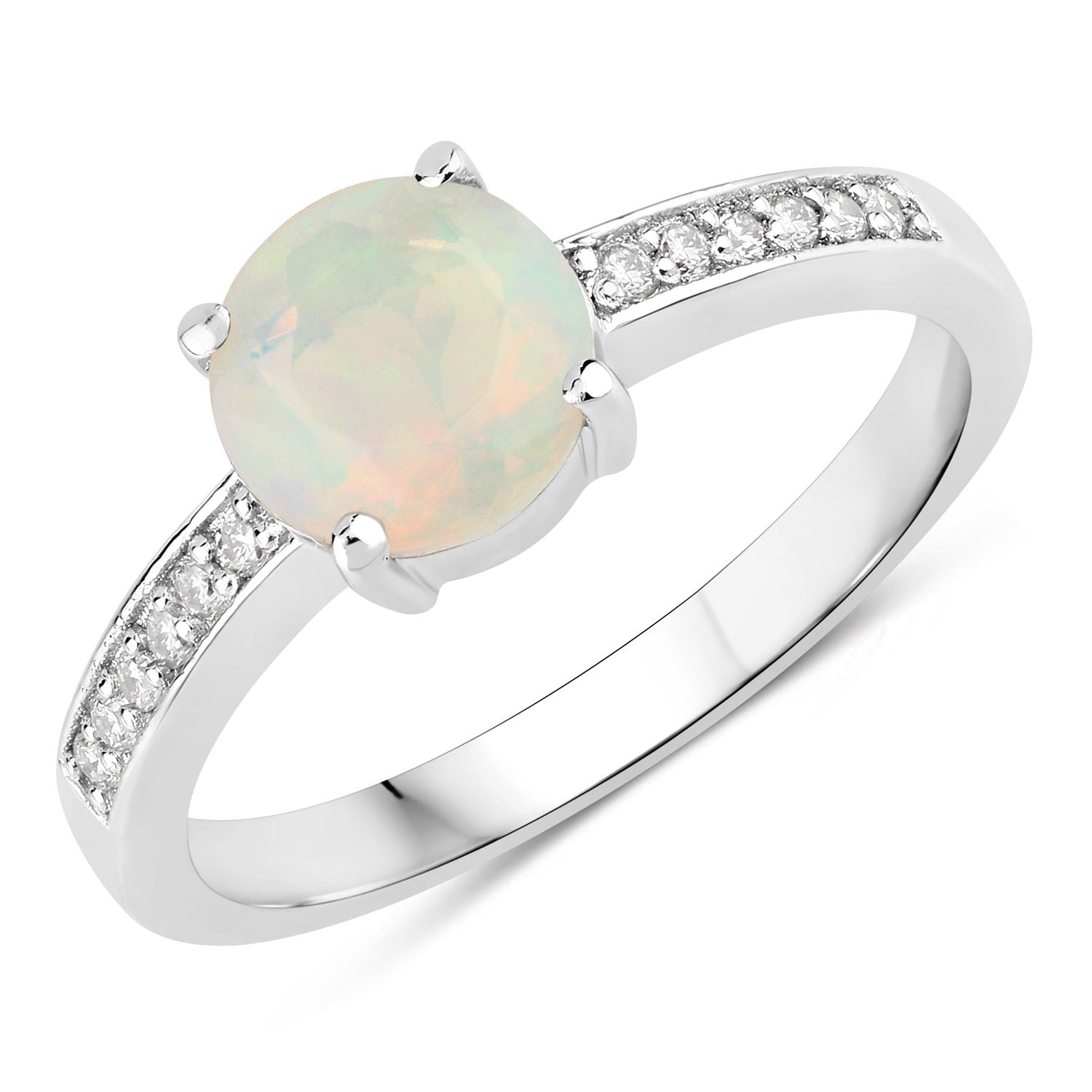 0.75 Ct Genuine Ethiopian Opal and Lab Diamond Silver Pave Ring