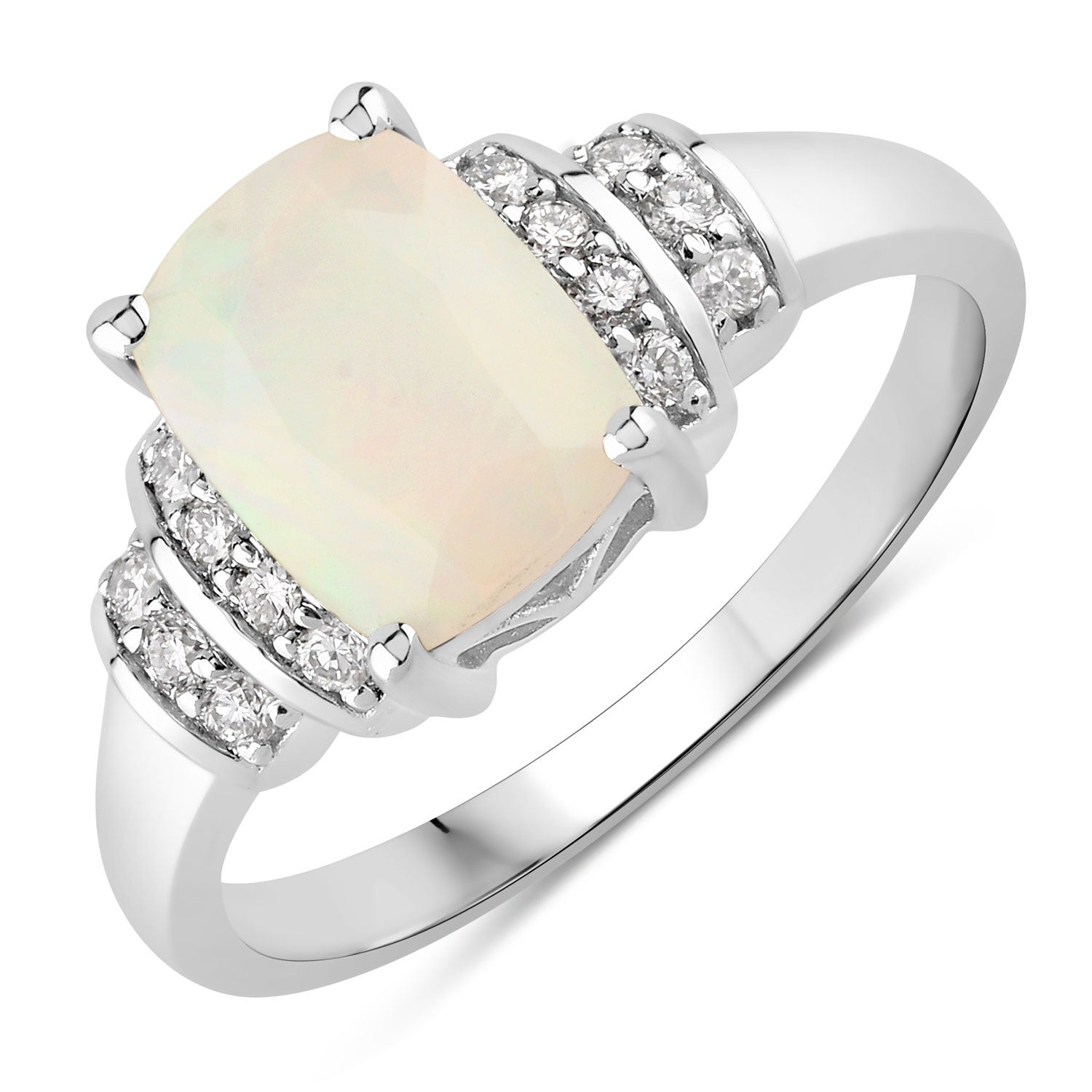 1.18 Ct Genuine Ethiopian Opal and Lab Diamond Sterling Silver Cushion Ring
