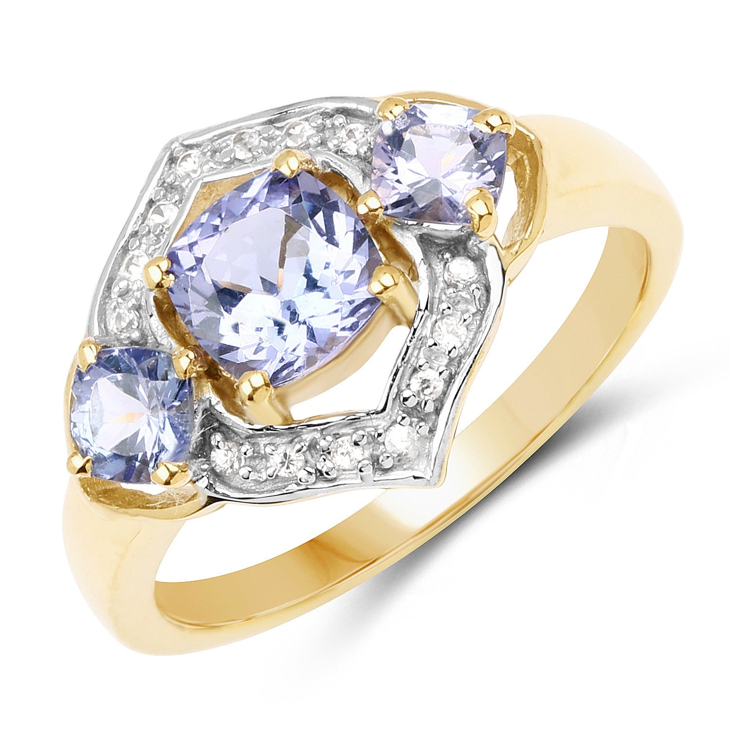 1.58 Ct Cushion Violet Tanzanite and White Topaz Prong Yellow Gold Plated Silver Three Stone Floral Ring