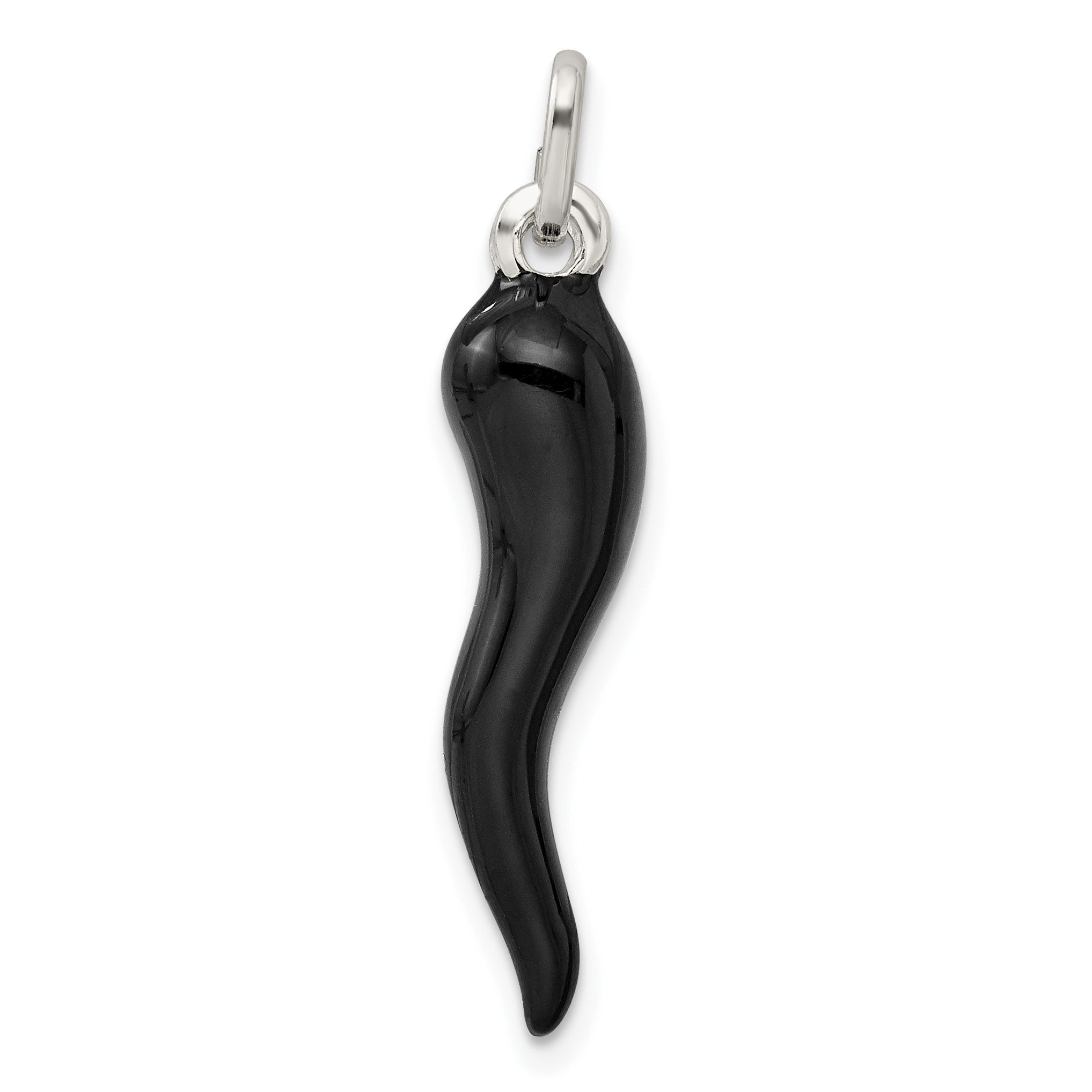 3D Black Enamel Italian Horn Pendant Silver