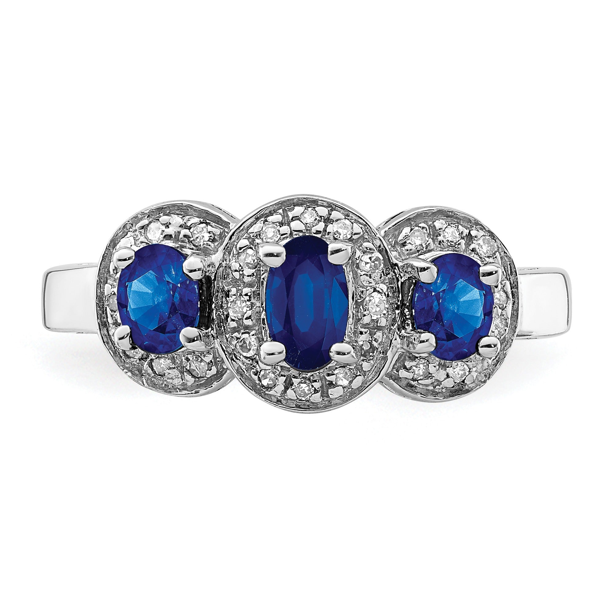 Blue Oval Sapphire and Diamond Prong Sterling Silver Three Stone Halo Ring