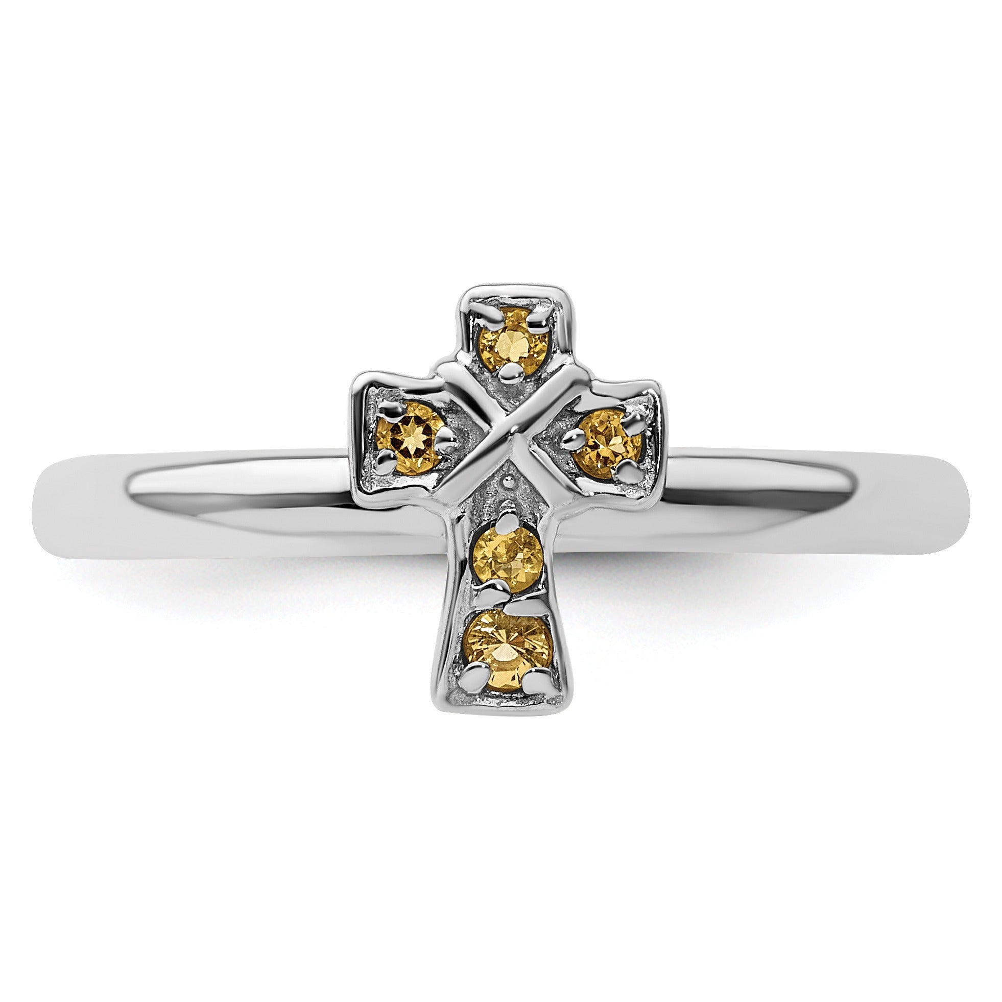 Silver ring with cross pendant featuring five small yellow gemstones on a white background
