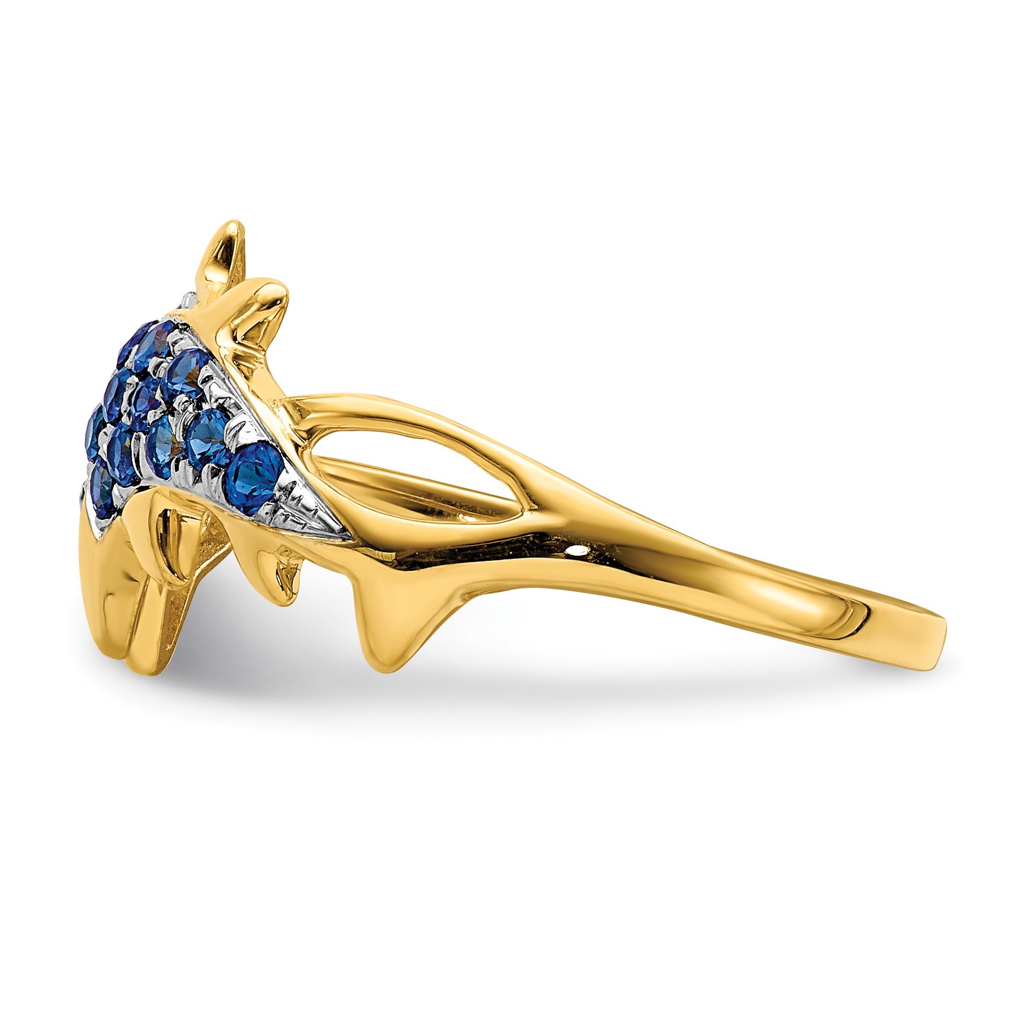 0.57 Ct Blue Sapphire and Diamond Prong 14k Yellow Gold Two Dolphins Ring