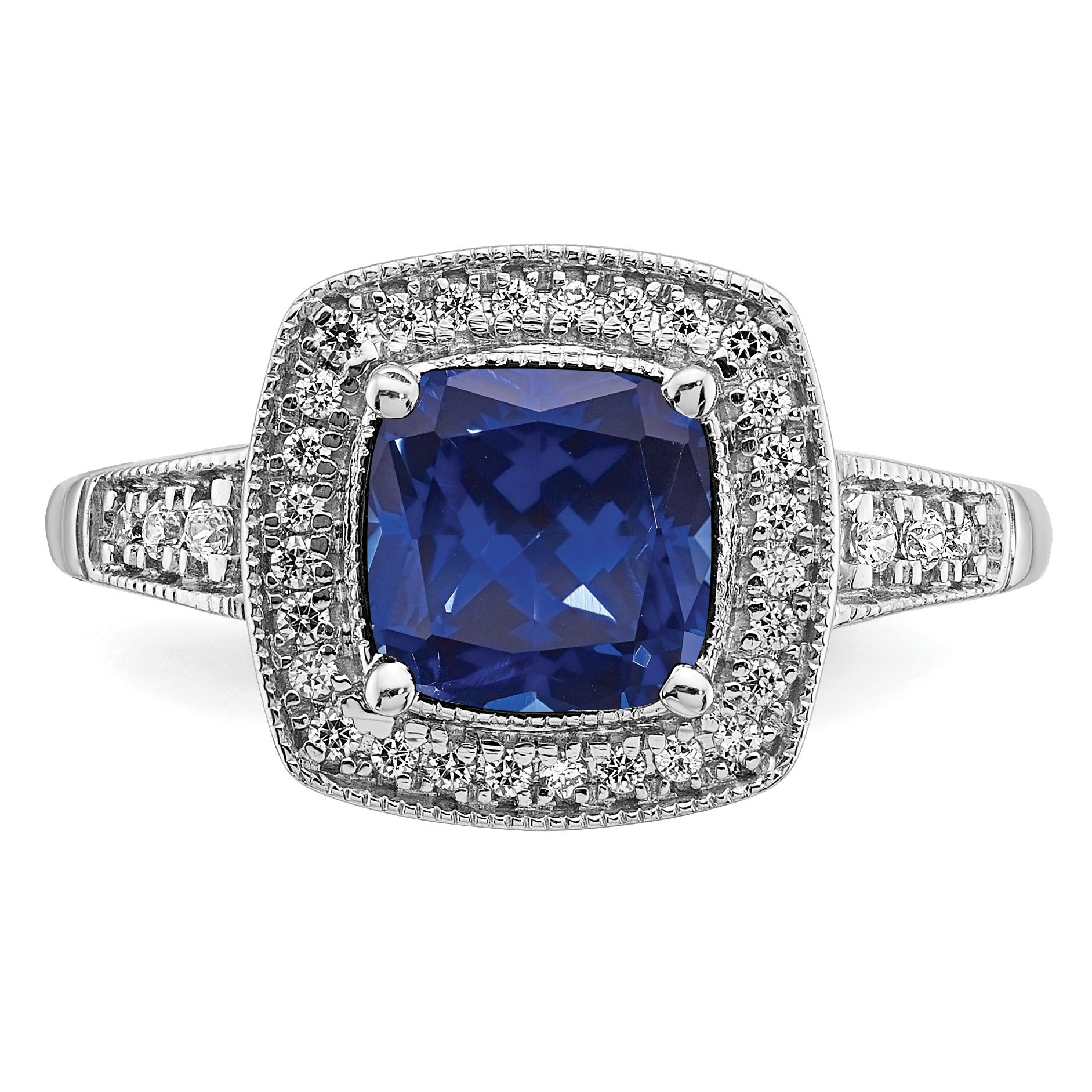 1.31 Ct Cushion Blue Lab Created Sapphire and Diamond Prong 14K White Gold Halo Tapered Ring