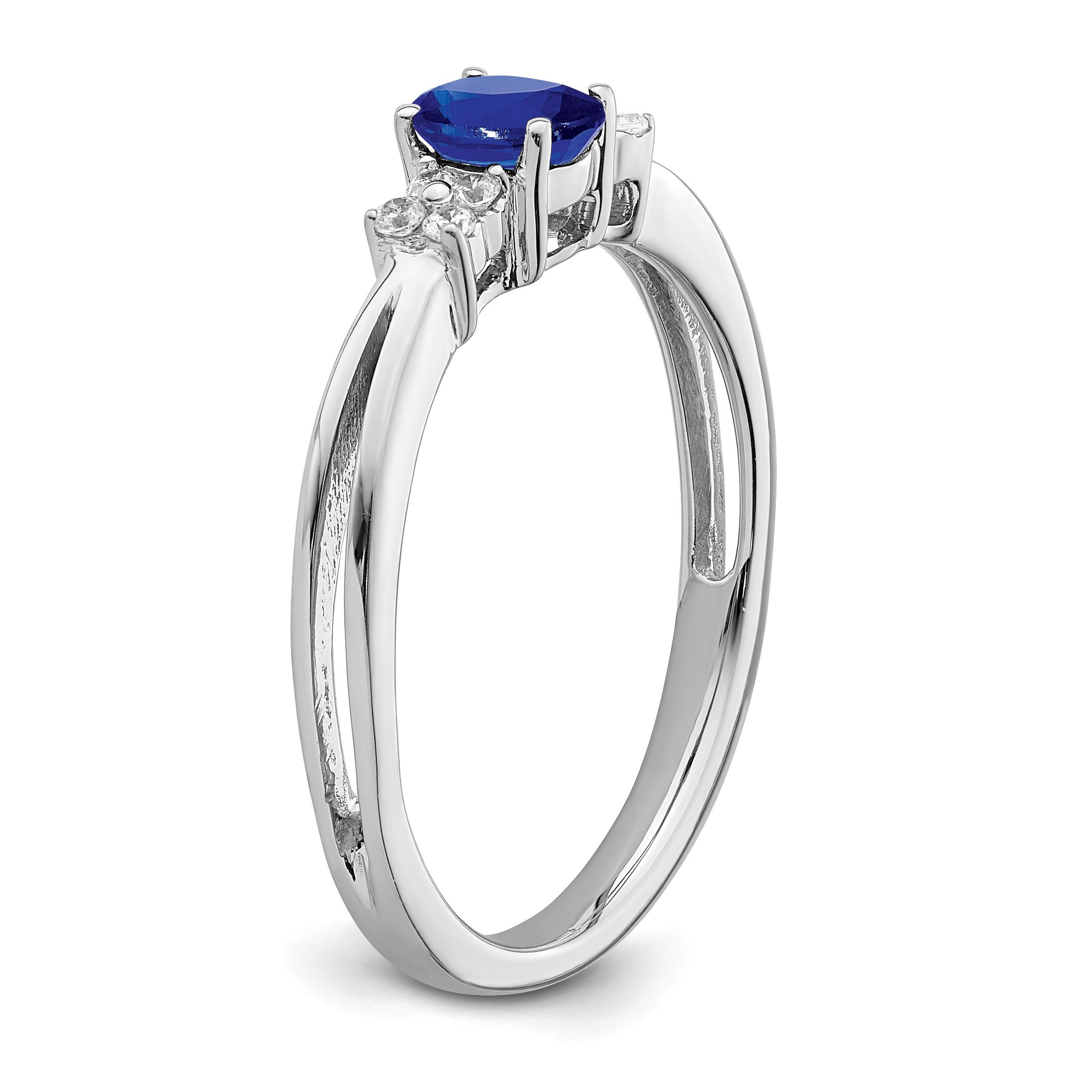 0.35 Ct Oval Blue Sapphire & Diamond Prong 14K White Gold Three Stone Ring