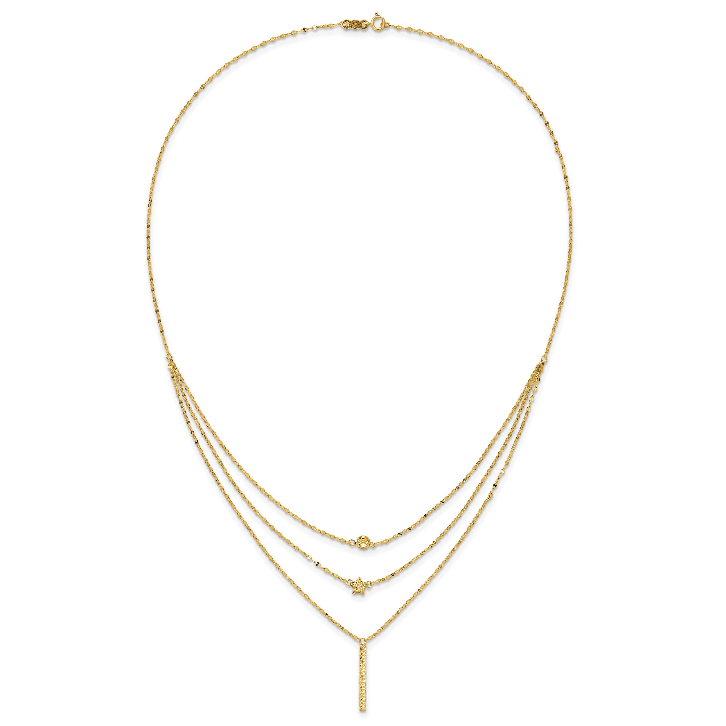 Diamond-Cut Star 14K Gold Three Strand Beaded Layered Necklace