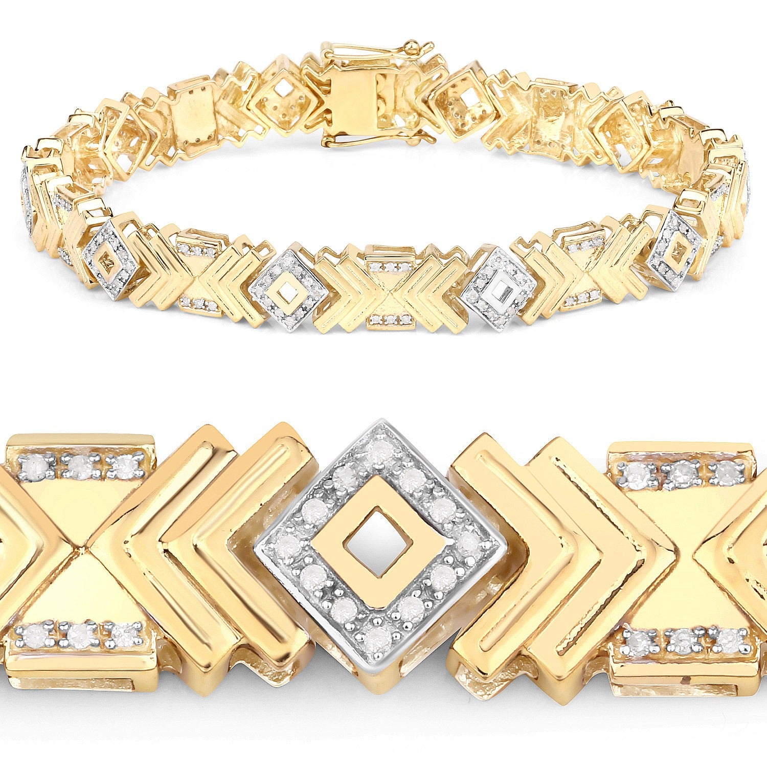 0.98 Ct Round White Diamond Prong Yellow Gold Over Silver Chevron Link Cocktail Bracelet