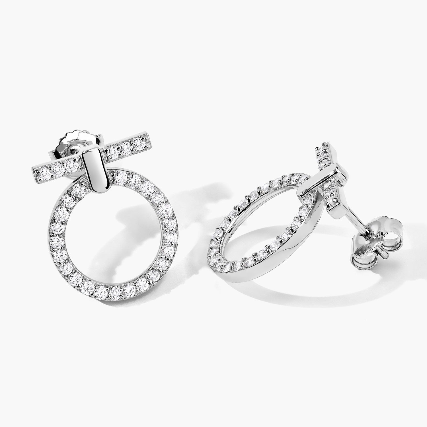 1.01 Cttw Round White Lab Diamond Pavé Rhodium Plated Silver T-Bar Open Circle Drop Earrings