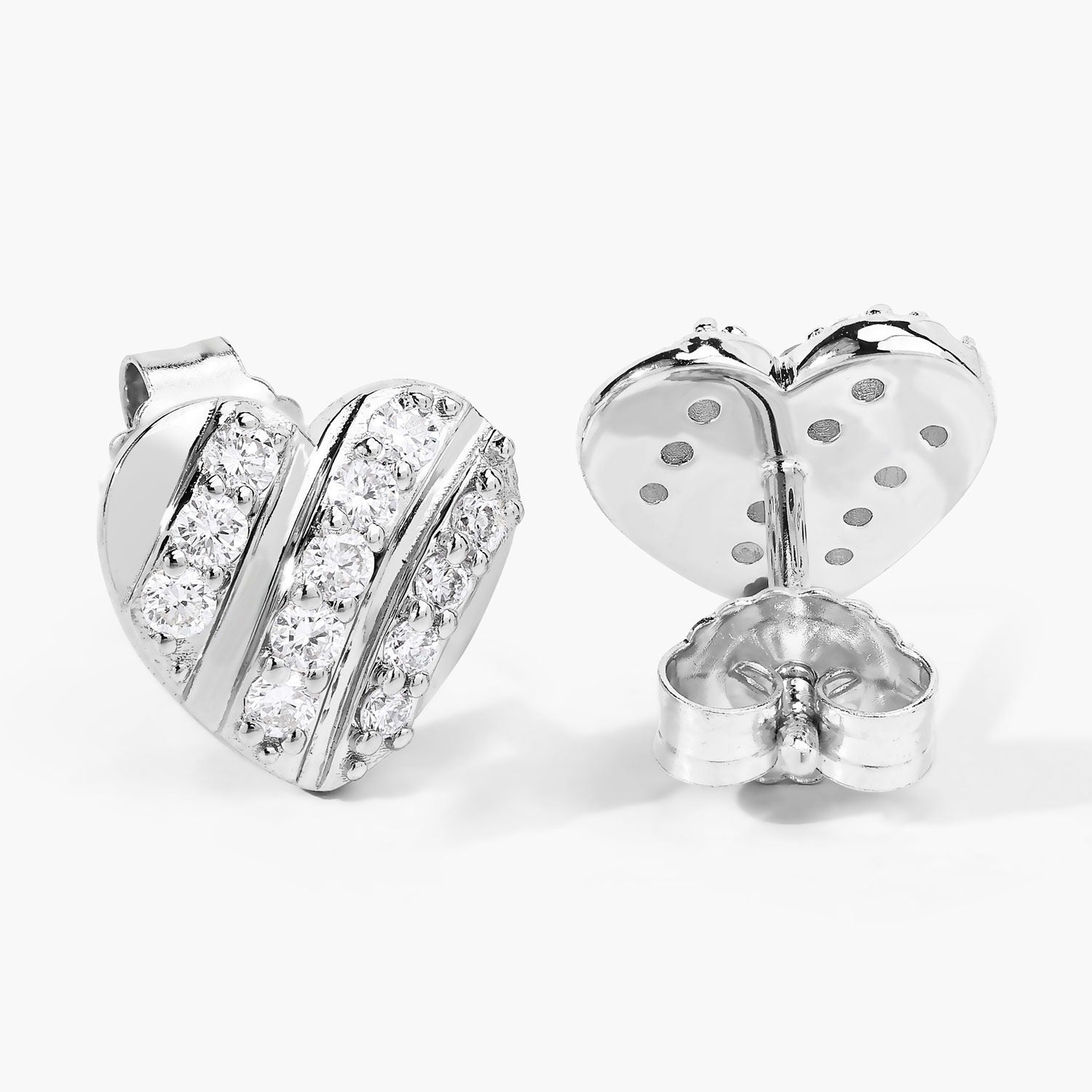 0.50 Cttw Round White Lab Diamond Pavé Rhodium Plated Silver Striped Heart Stud Earrings