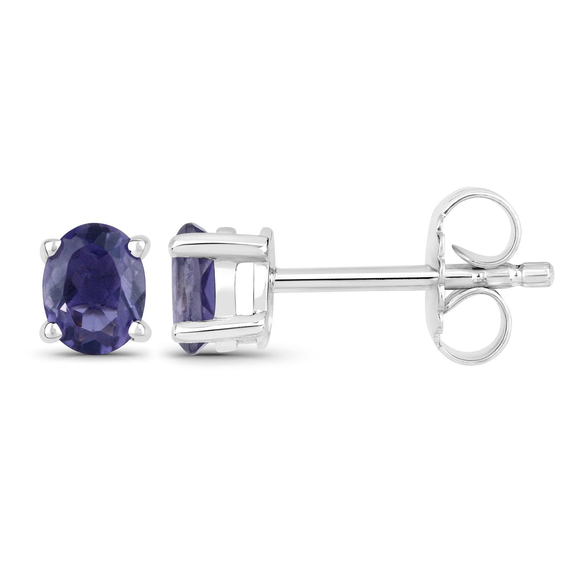 0.62 Ct Oval Blue Iolite Sterling Silver Rhodium-Plated 4 Prong Stud Earrings
