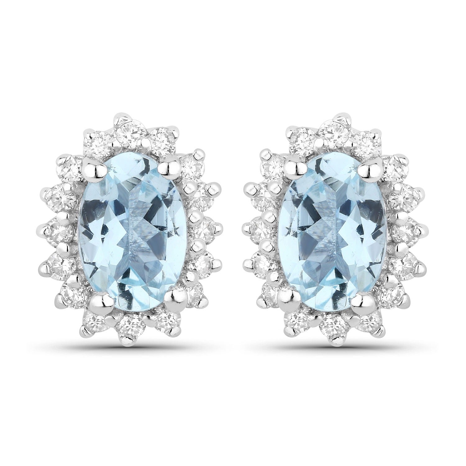 Genuine Aquamarine Lab Diamond Silver Halo Earrings