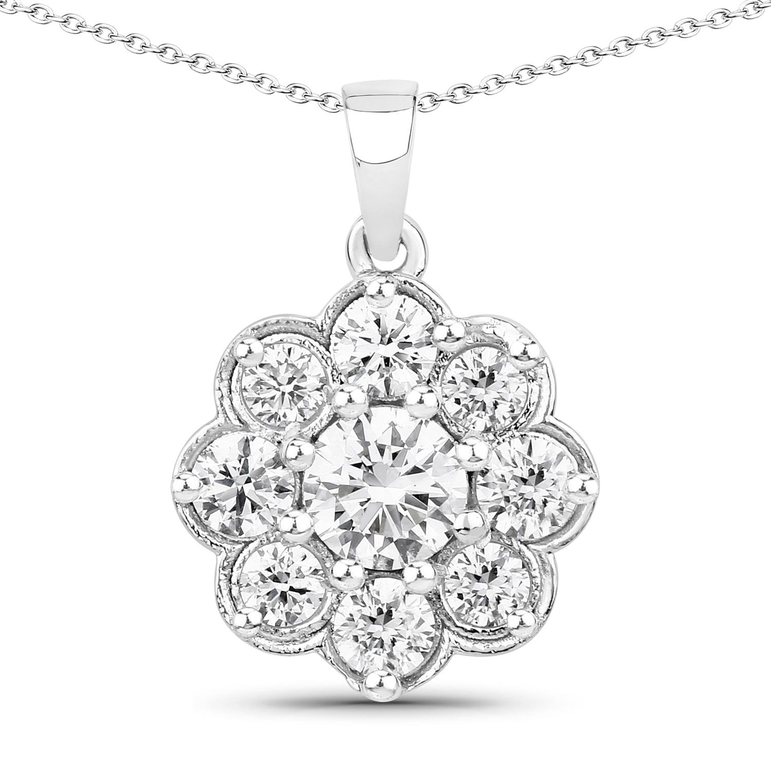 1 Cttw Round Lab Diamond Prong Rhodium Plated Silver Scalloped Floral Halo Cluster Pendant