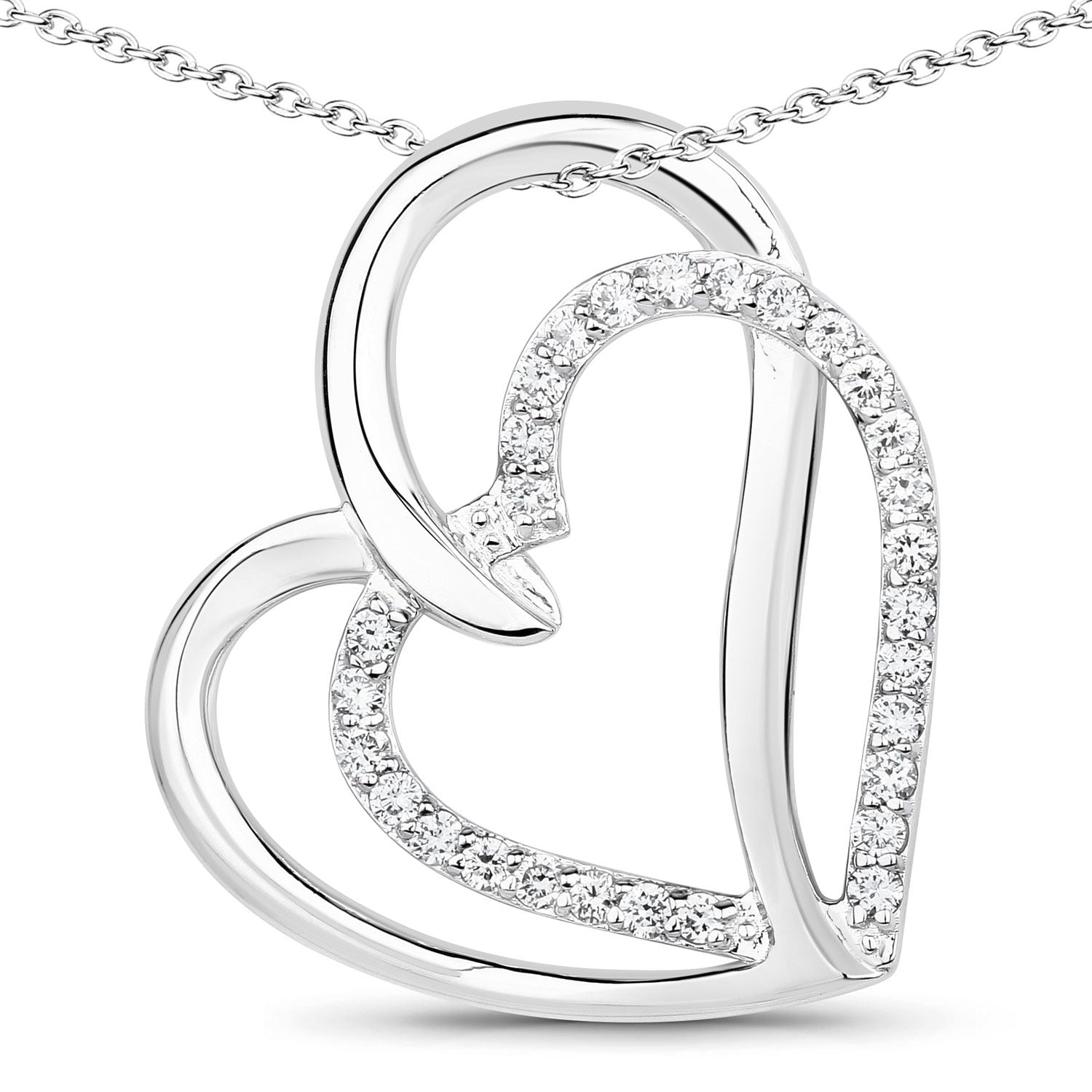 0.52 Cttw Round Lab Diamond Prong Rhodium Plated Silver Intertwined Double Heart Pendant