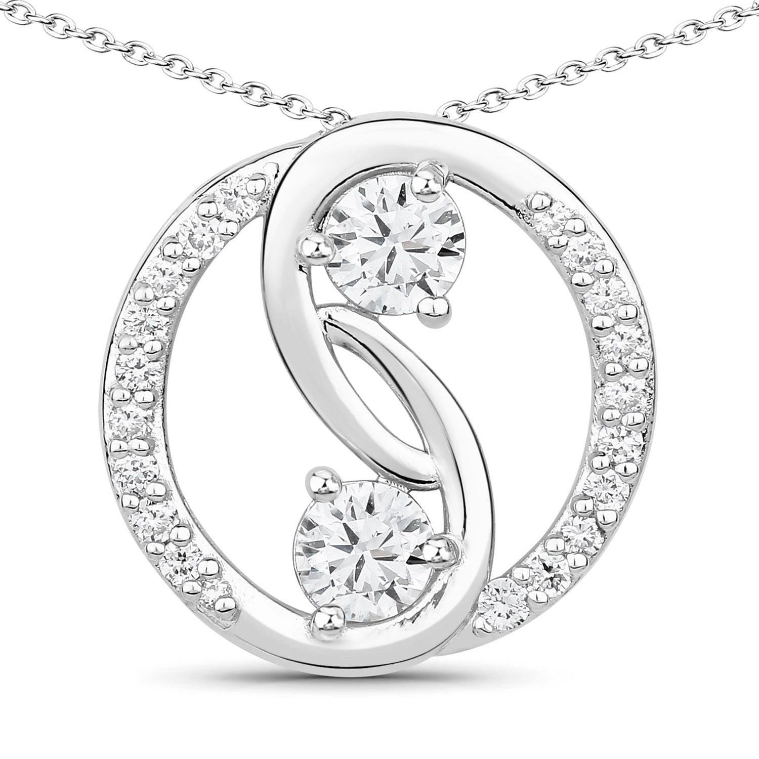 1 Cttw Round Lab Diamond Prong Rhodium Plated Silver Two Stone Swirl Circle Pendant