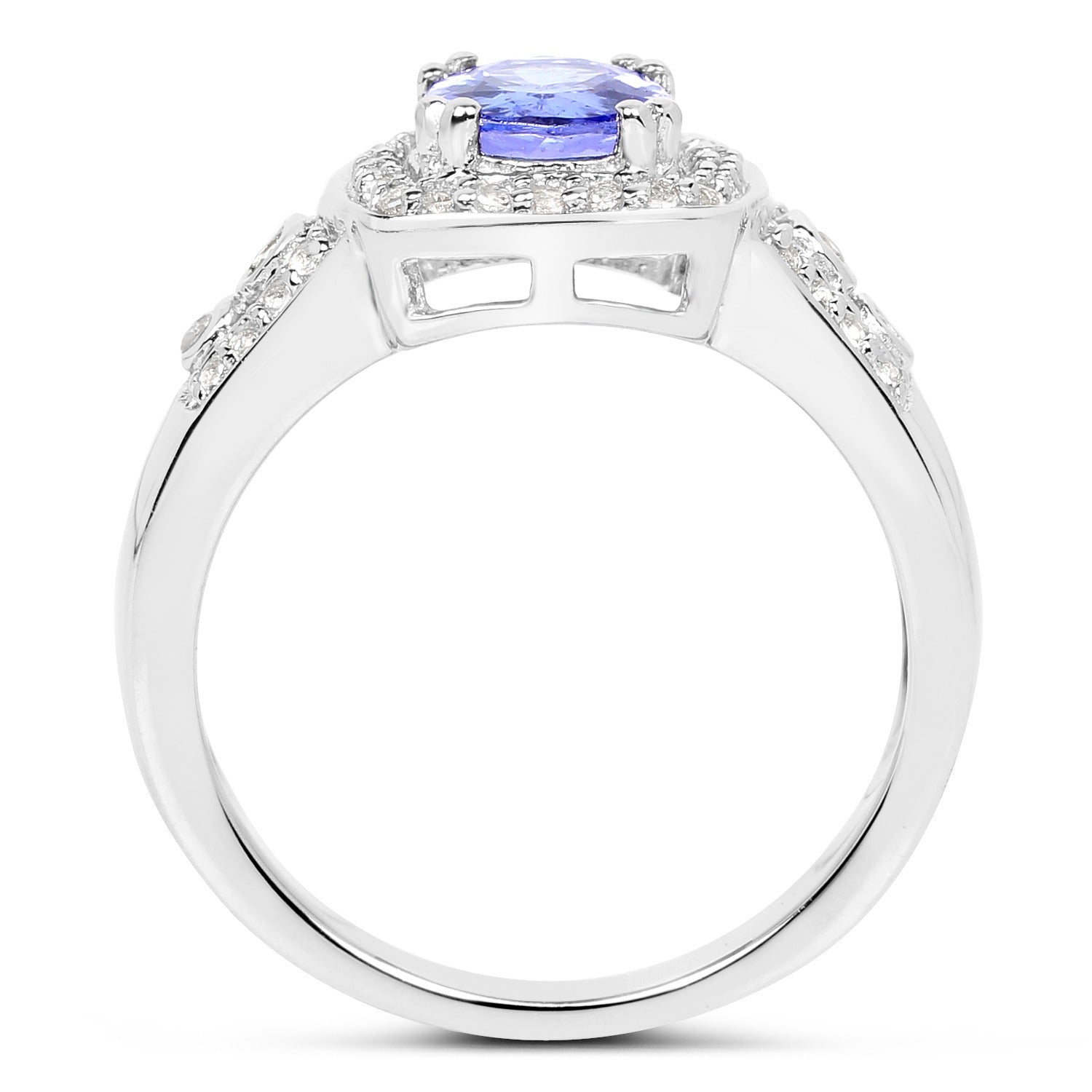 1.42 Ct Oval Violet Tanzanite Prong Silver Pave Halo Statement Ring