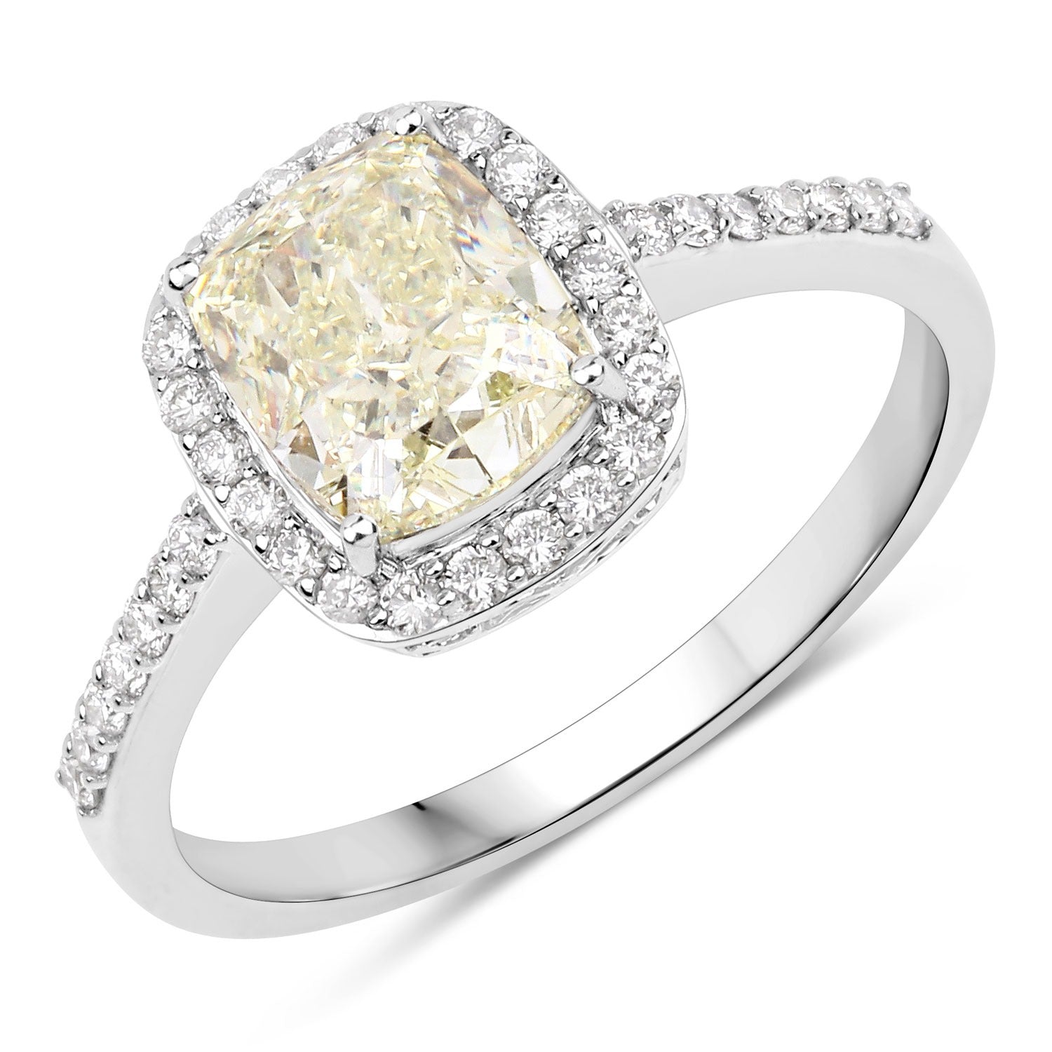 2.05 Ct Cushion Cut Genuine Yellow Diamond 18K White Gold Ring